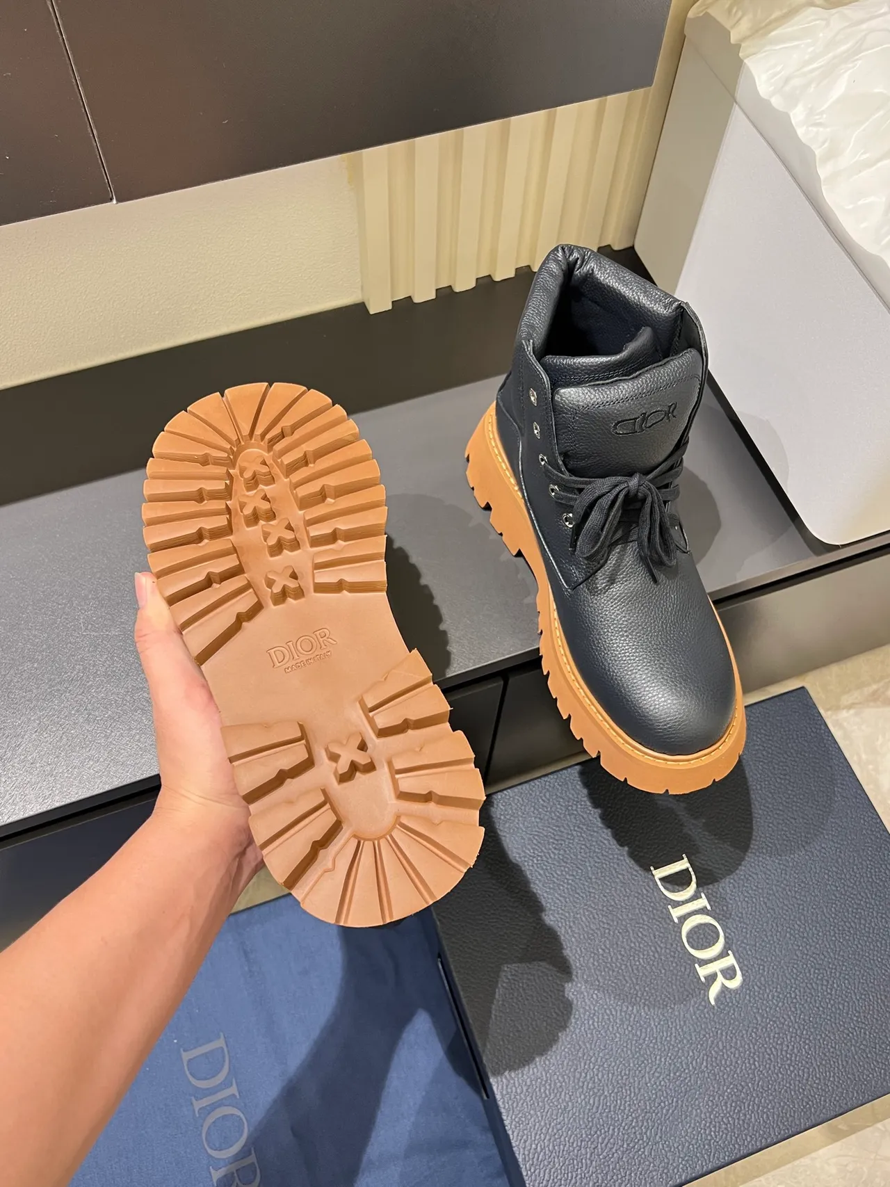 Dior Black Beige Pebbled Leather Tan Lug Sole Ankle Boots