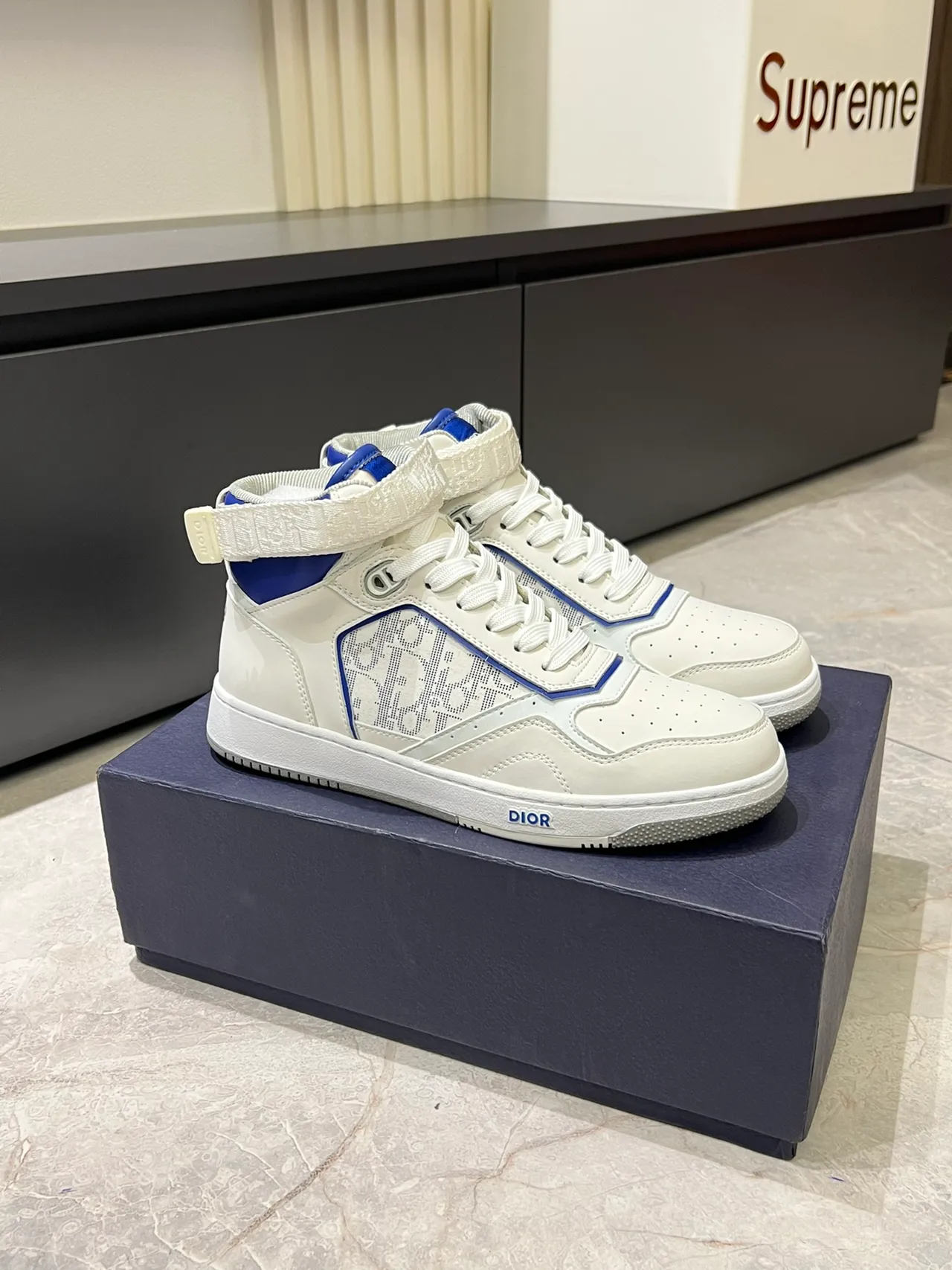 Dior B23 White and Blue Monogram High-Top Lifestyle Sneakers