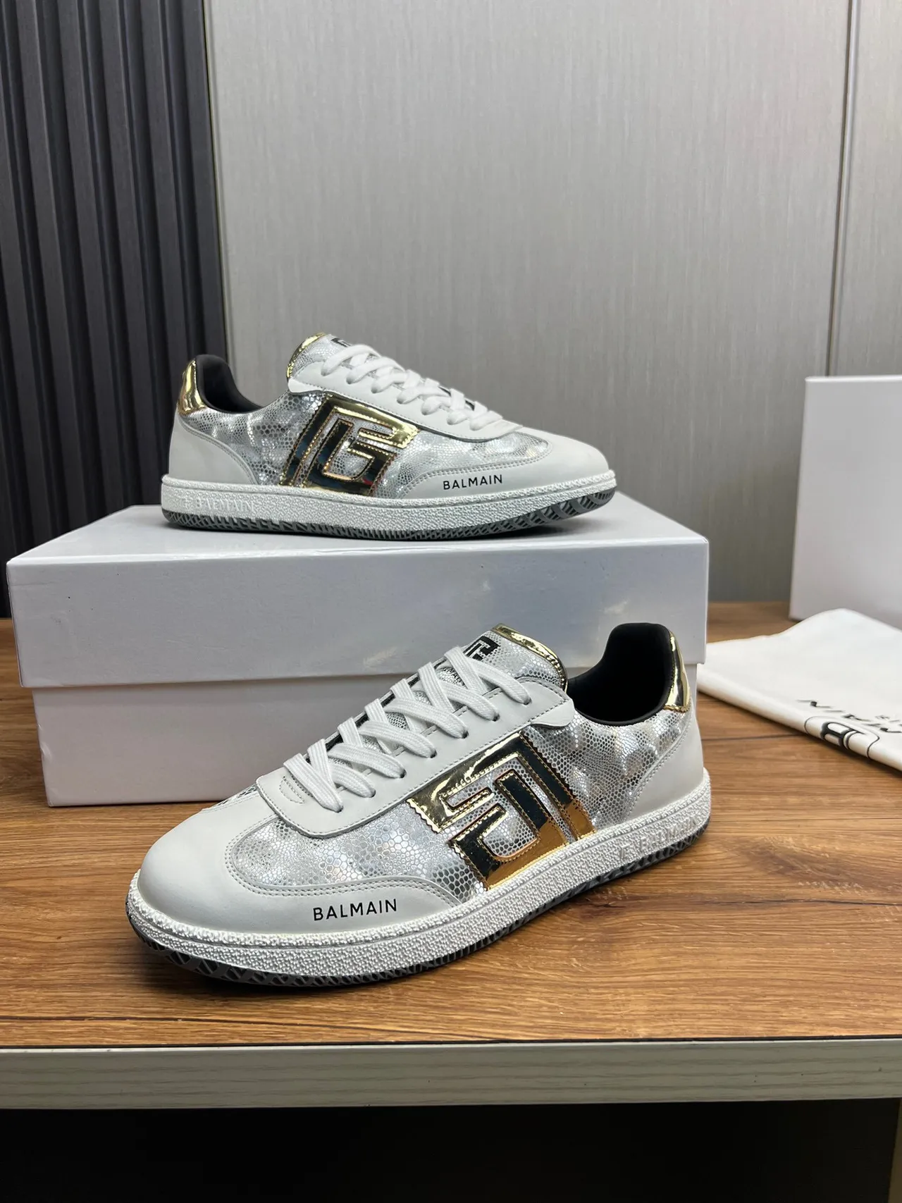 Balmain B-Court White Silver Gold Metallic Lifestyle Sneakers