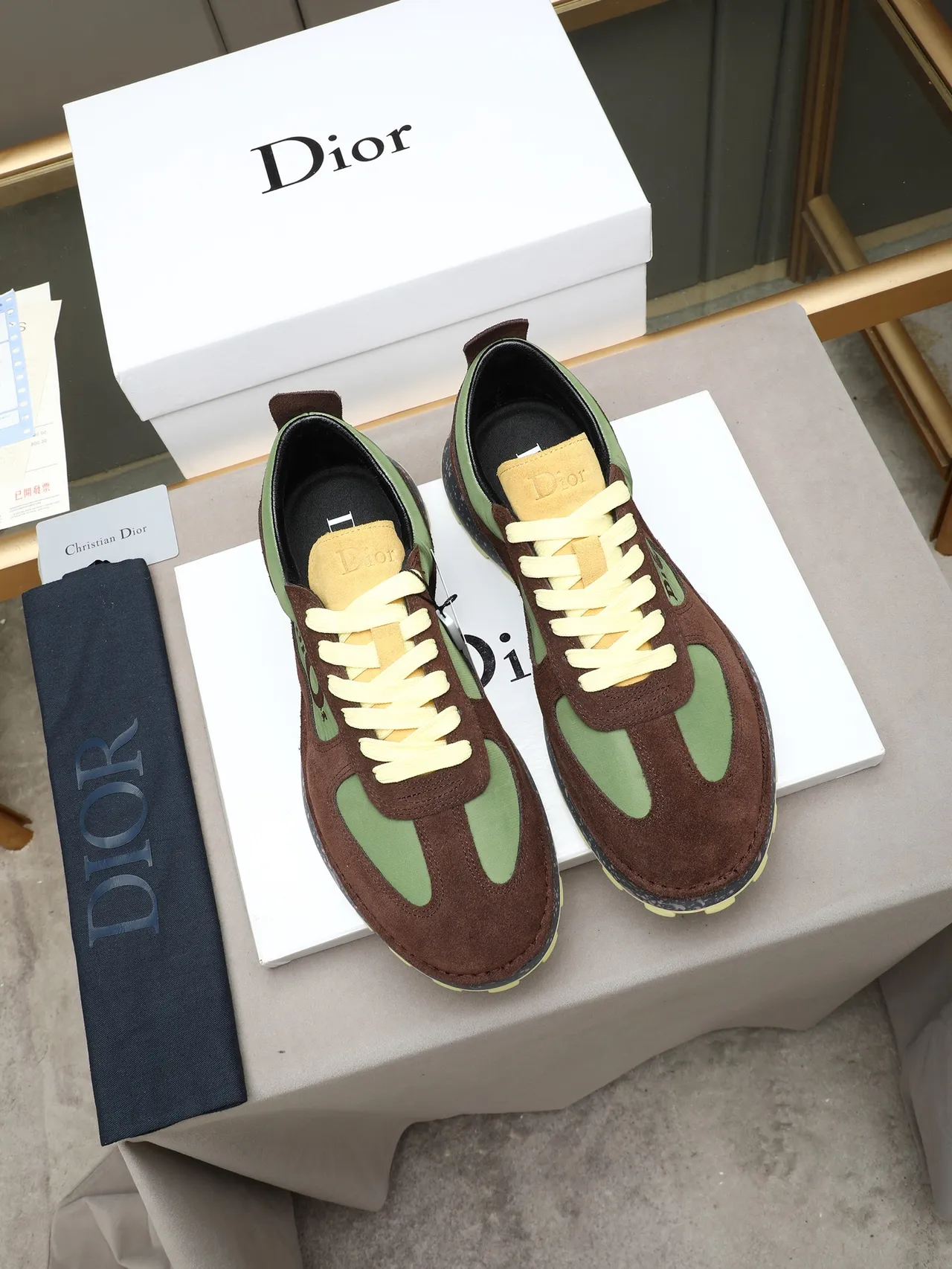 Dior Brown Green Multi-Material Upper Embroidered Logo Panel Lifestyle Sneakers