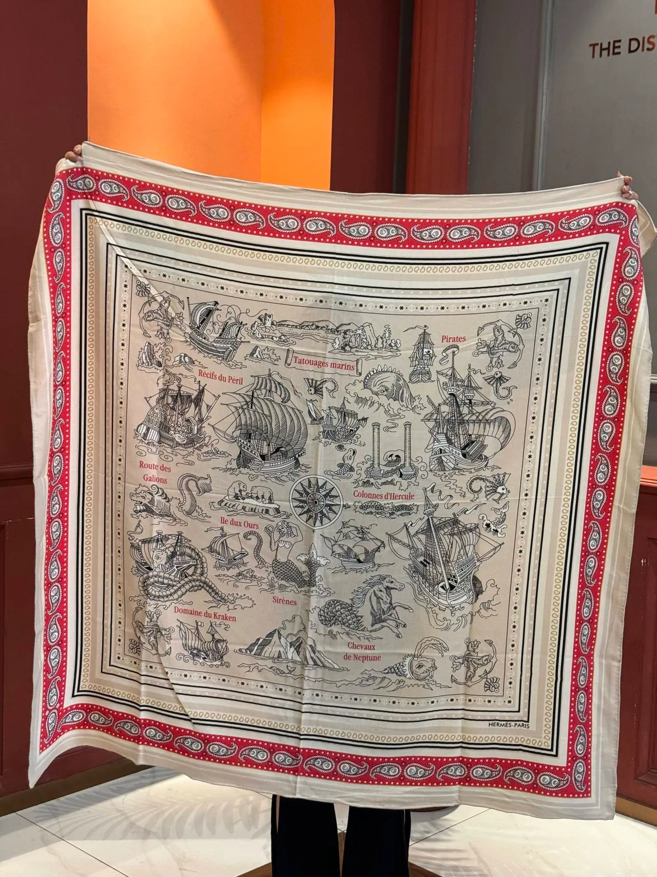 Hermès Beige Red Square Illustrated Maritime Map Silk Scarf