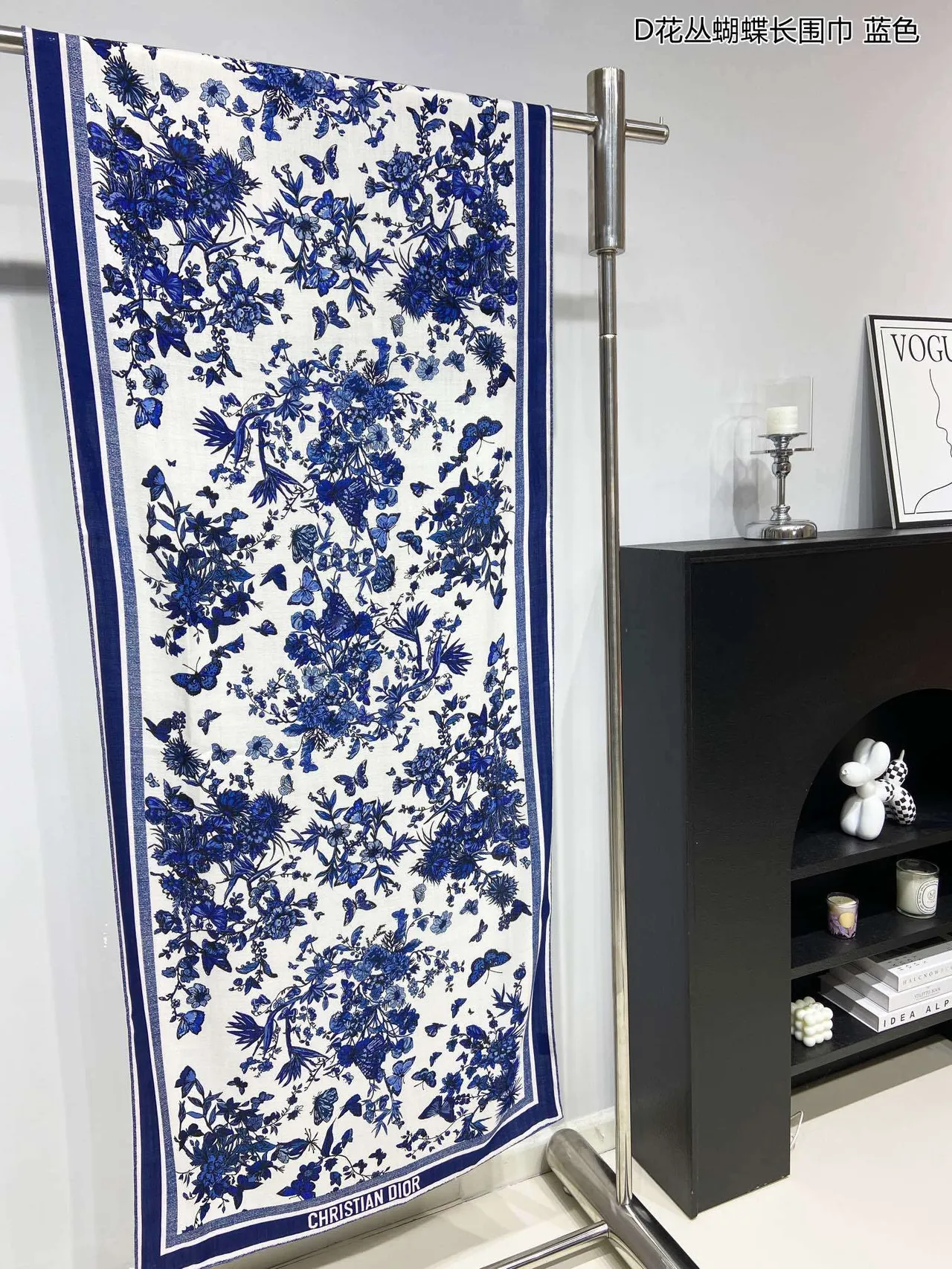 Dior Floral Butterfly Blue and White Silk Scarf