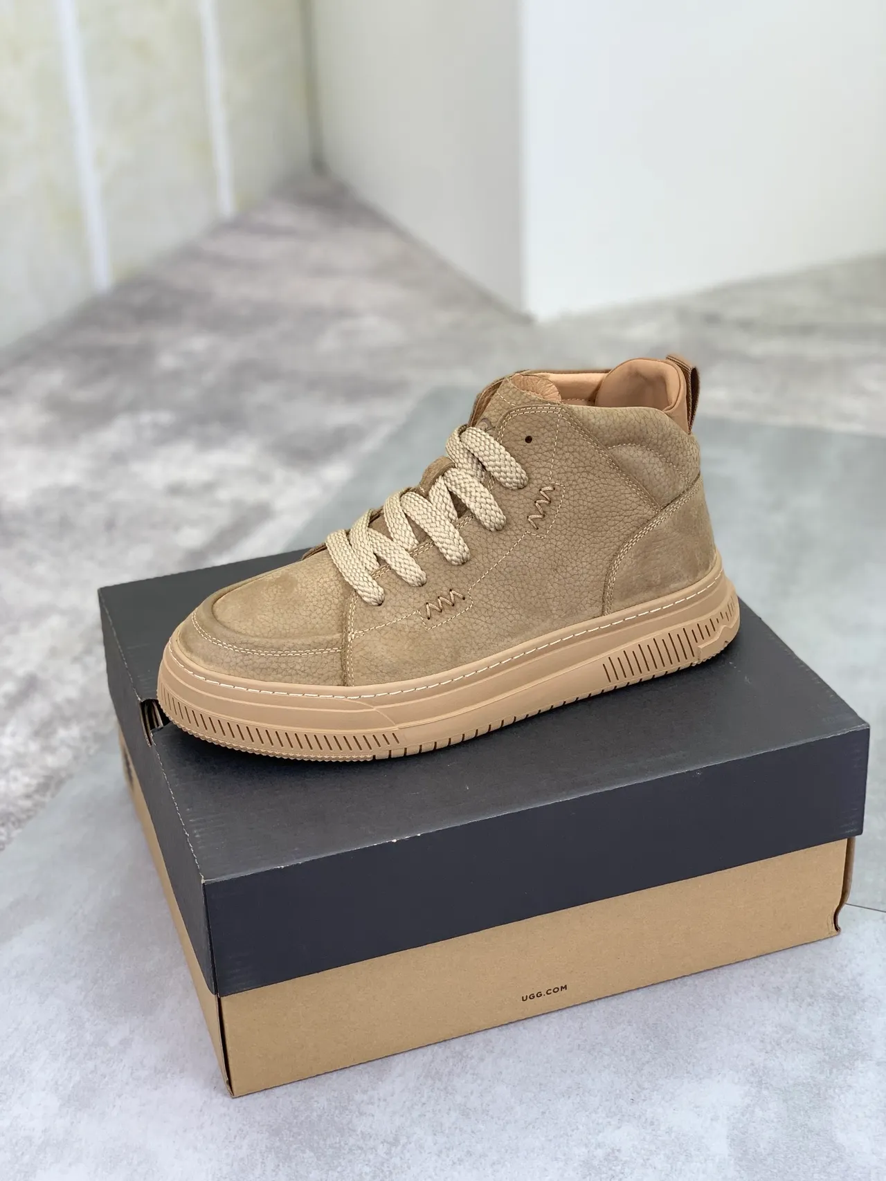 UGG Beige Brown Pebbled Leather Shearling-Lined Snow Boots