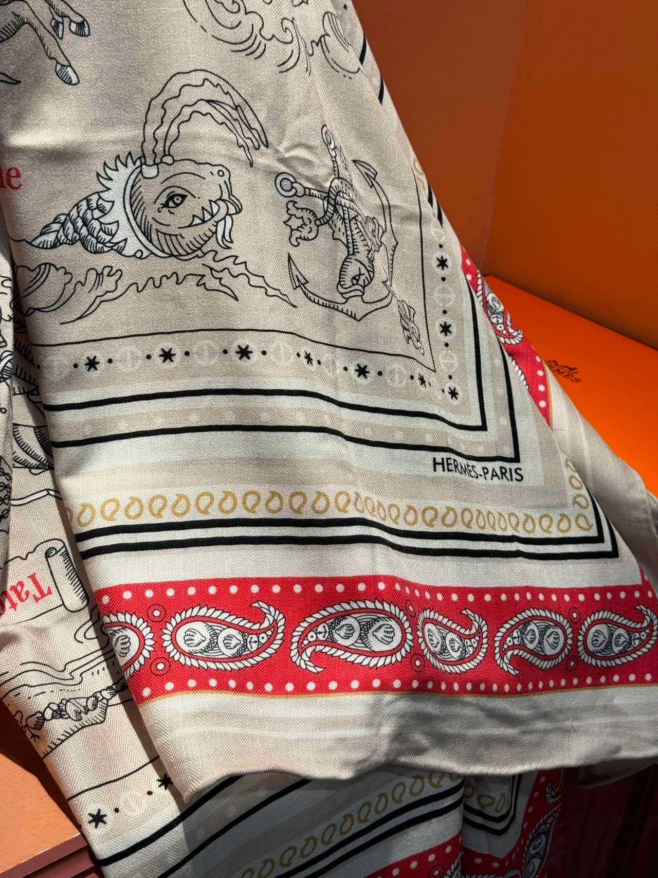 Hermès Beige Red Square Illustrated Maritime Map Silk Scarf