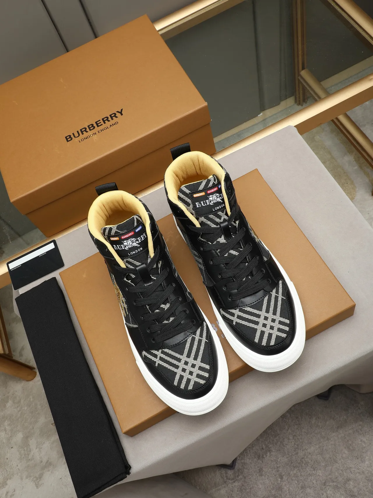 Burberry Black Gold High-Top Leather-and-Check Textile Lifestyle Sneakers