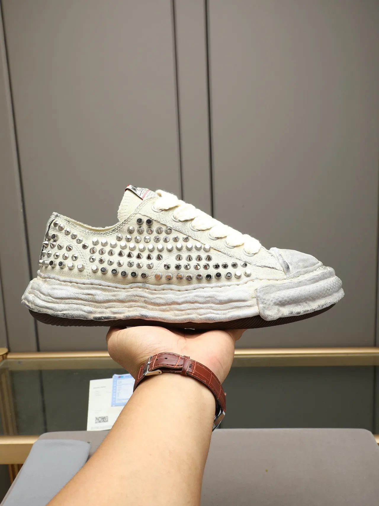 Maison Margiela Beige Silver Studded Canvas Layered Rubber Sole Lifestyle Sneakers
