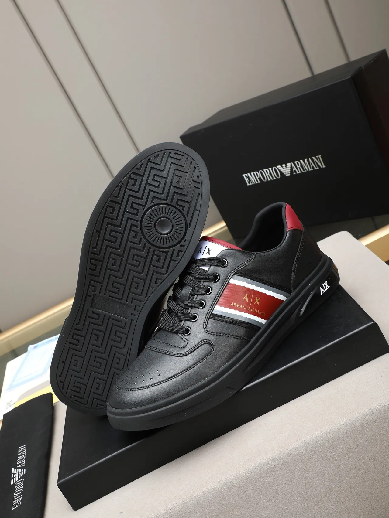 Armani Exchange Black and Red Stripe Lifestyle Sneakers