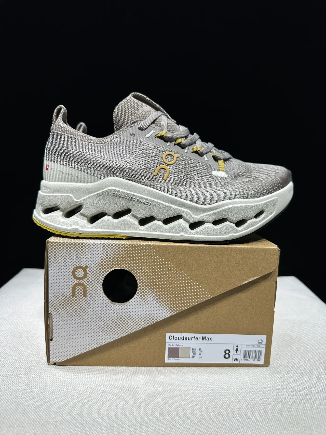 On Gray White Engineered Knit Upper Sculpted CloudTec Phase Midsole Running Shoes