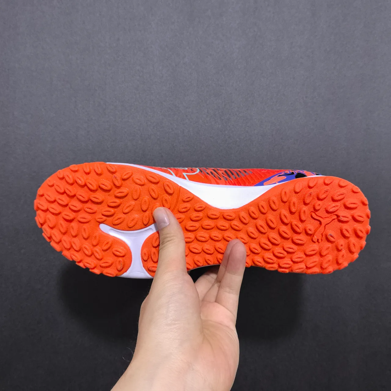 Puma Orange Blue Sock-Fit Knit Collar Molded Synthetic Cage Upper Turf Soccer Shoes