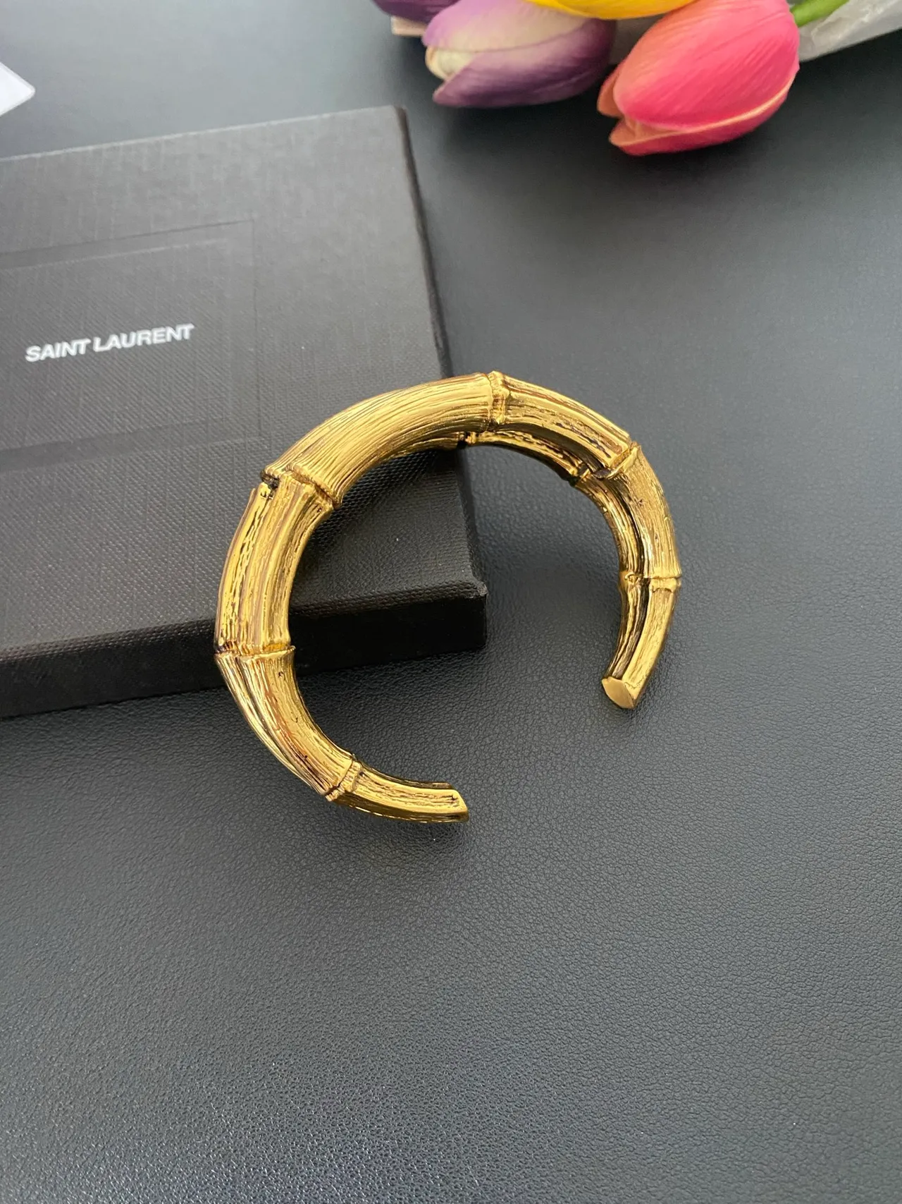 Saint Laurent Bamboo Open Cuff Gold Bracelet