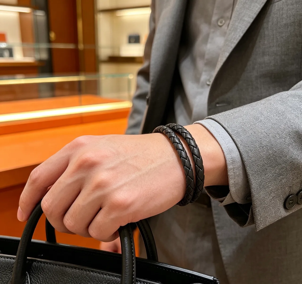 Hermès Braided Leather Black Bracelet