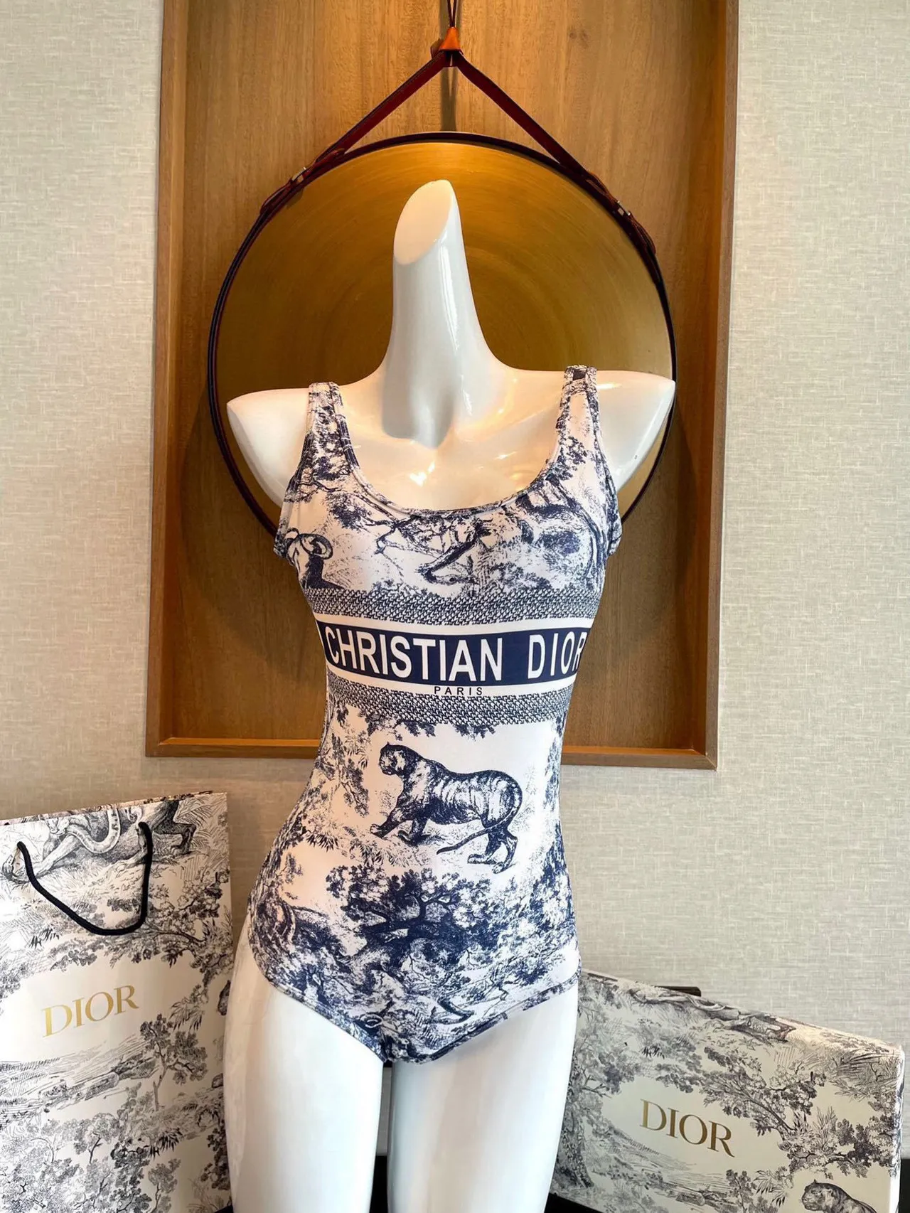 Christian Dior White Blue Toile-Print High-Cut Swimwear