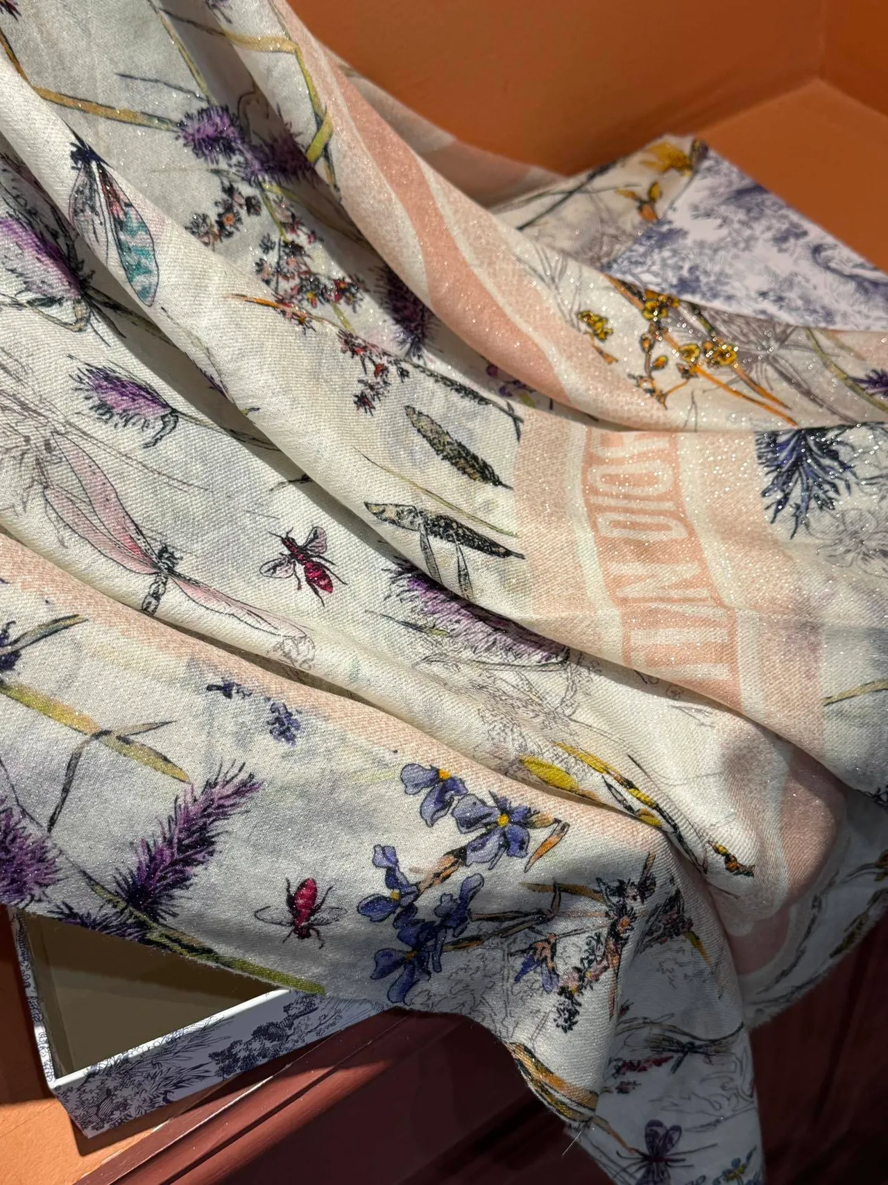 Beige Multicolor Botanical Print Sheer Lightweight Silk Scarf