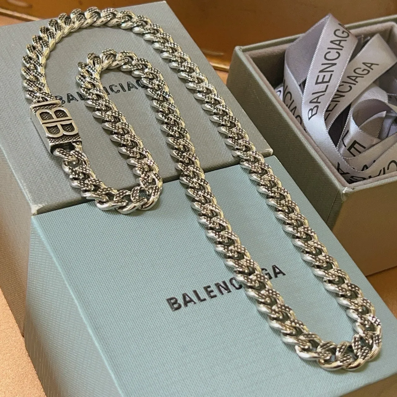 Balenciaga BB Chain Silver-Toned Textured Curb-Link Necklace