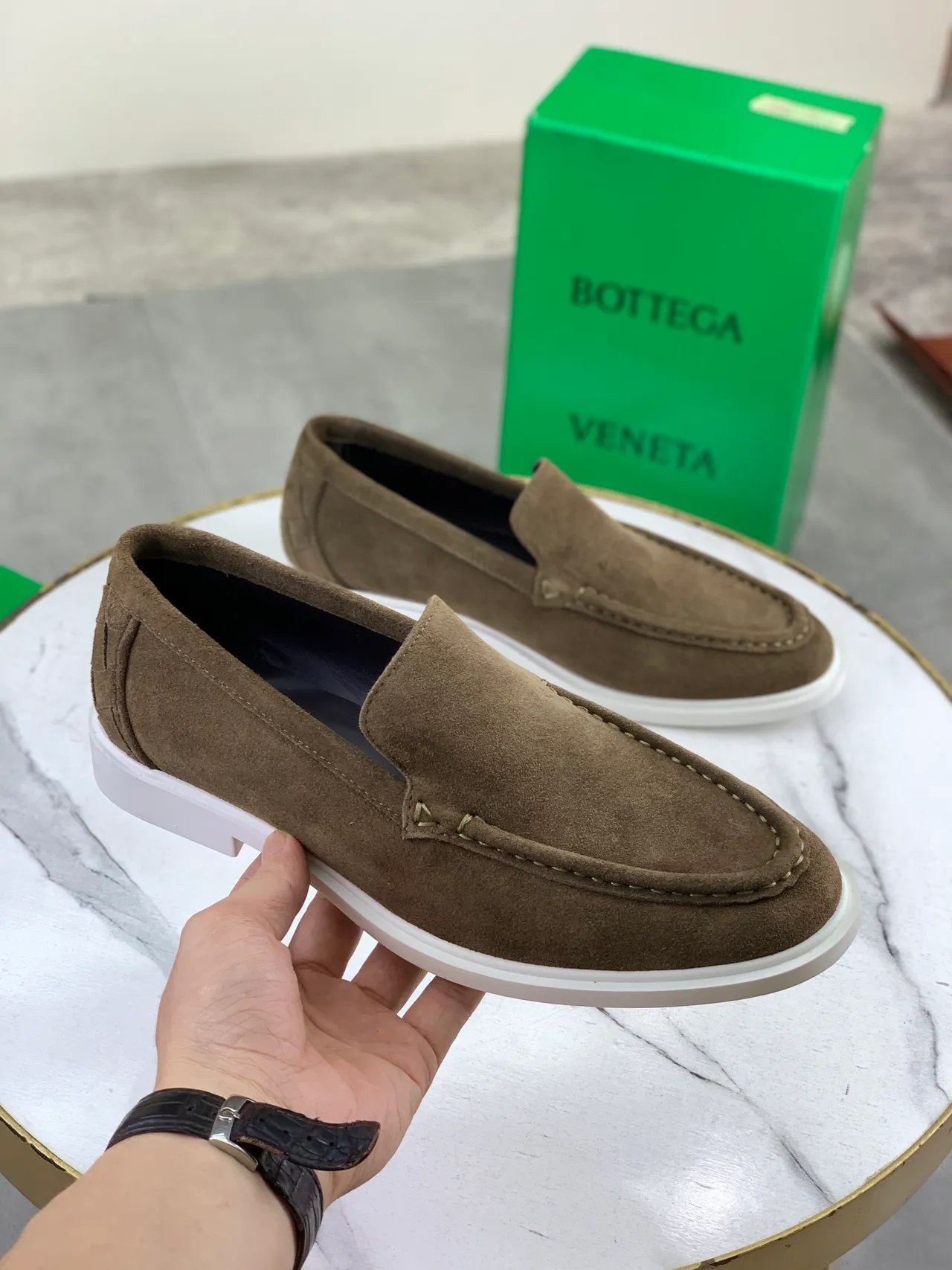 Bottega Veneta Brown White Suede Upper Moc-Toe Stitching Loafer