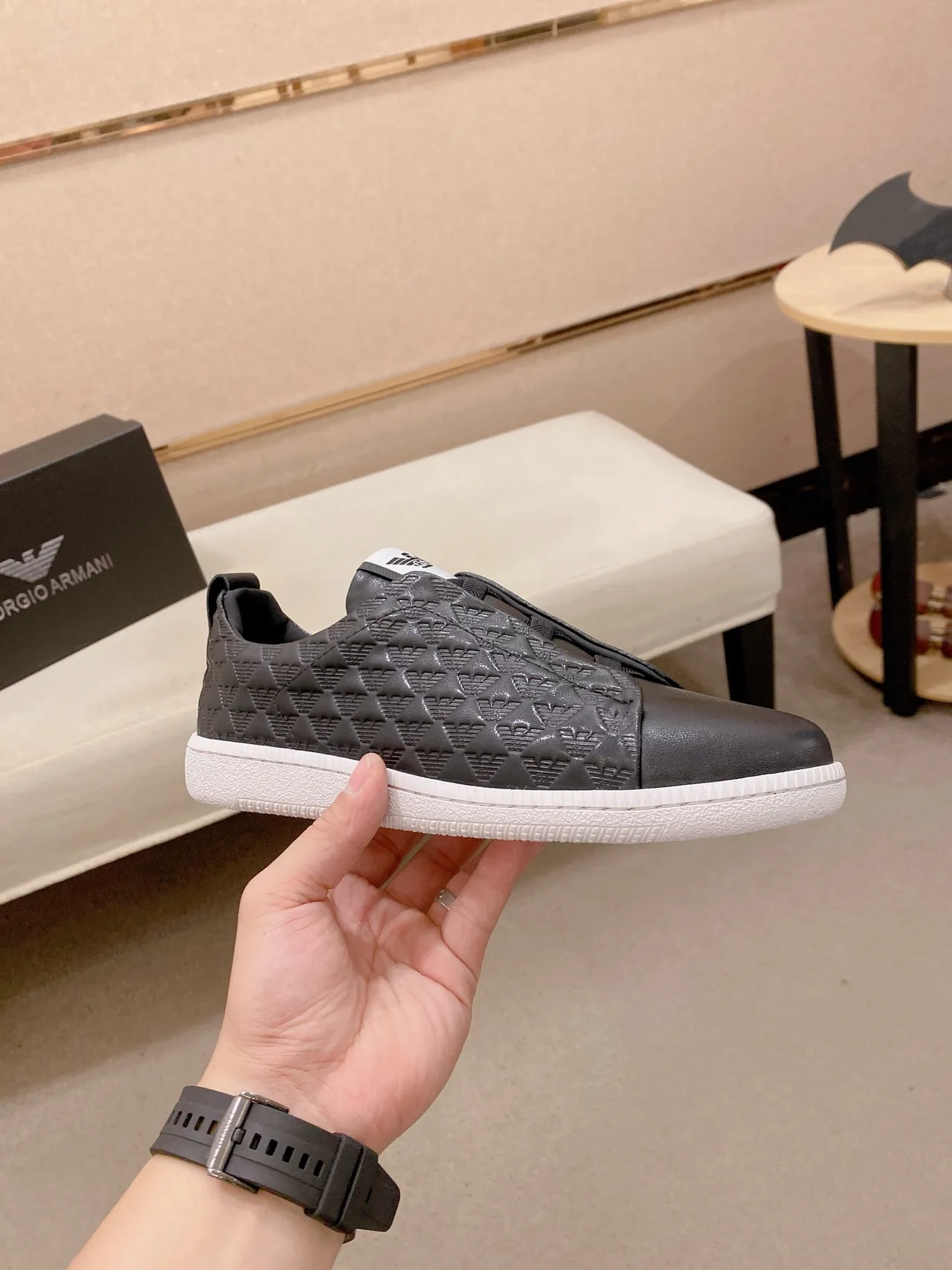 Emporio Armani Black White Slip-On Quilted Eagle-Motif Upper Lifestyle Sneakers