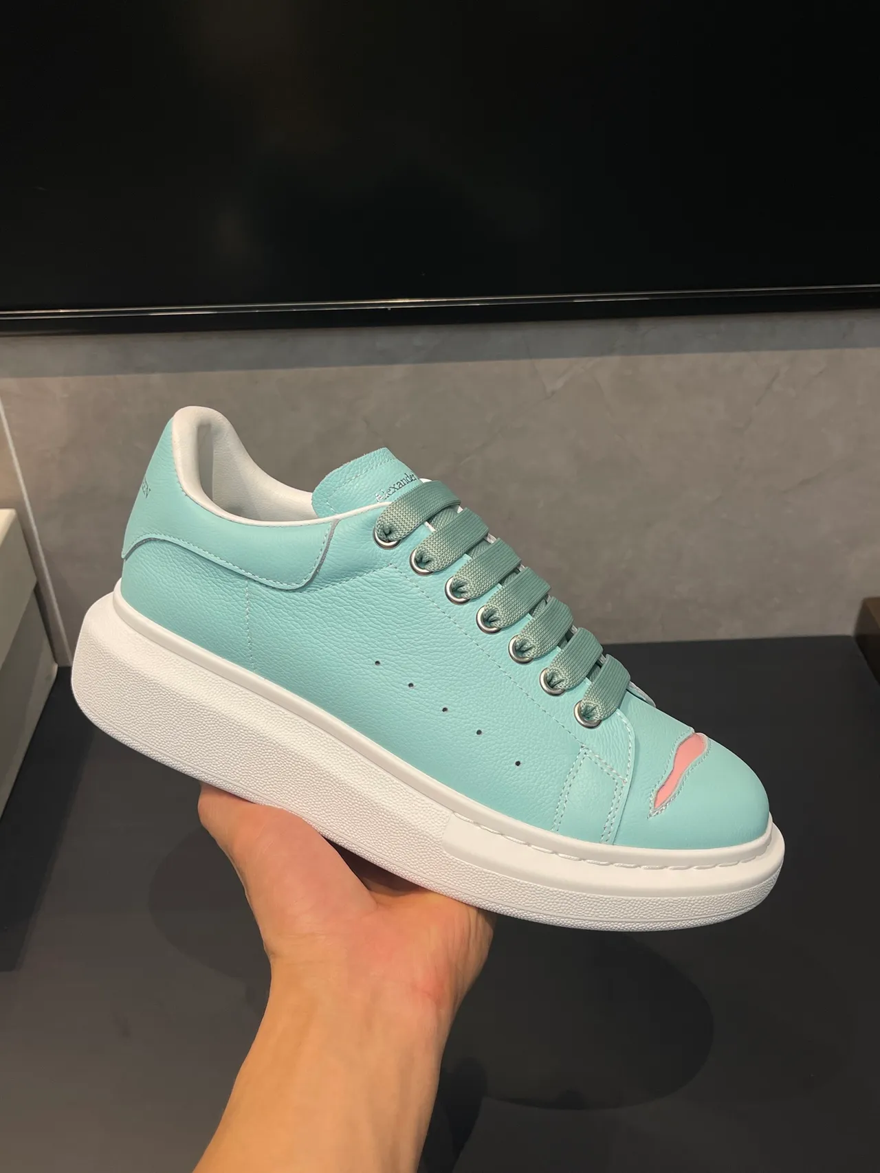 Alexander McQueen Oversized Sneaker Blue Pink Pebbled Leather Platform Sole Lifestyle Sneakers