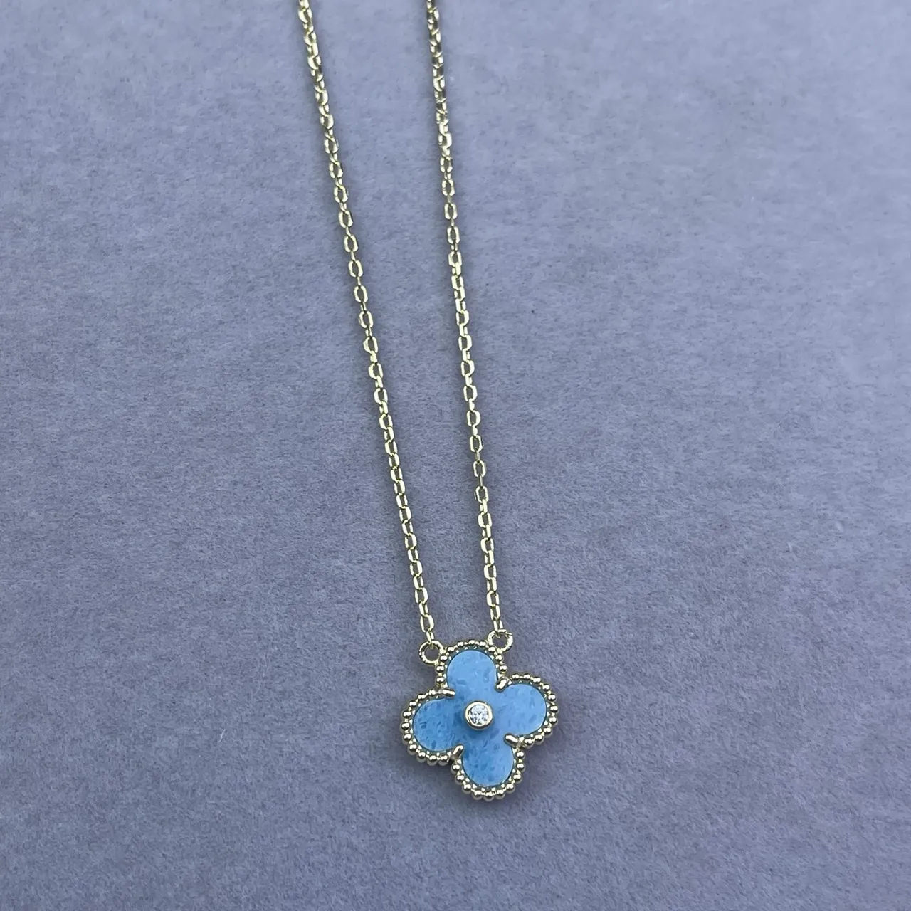 Blue Enamel Four-Petal Flower Pendant Necklace