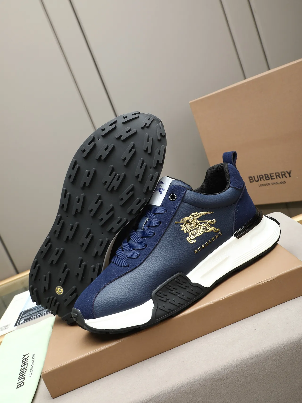 Burberry Knight Navy Leather Chunky Sneakers
