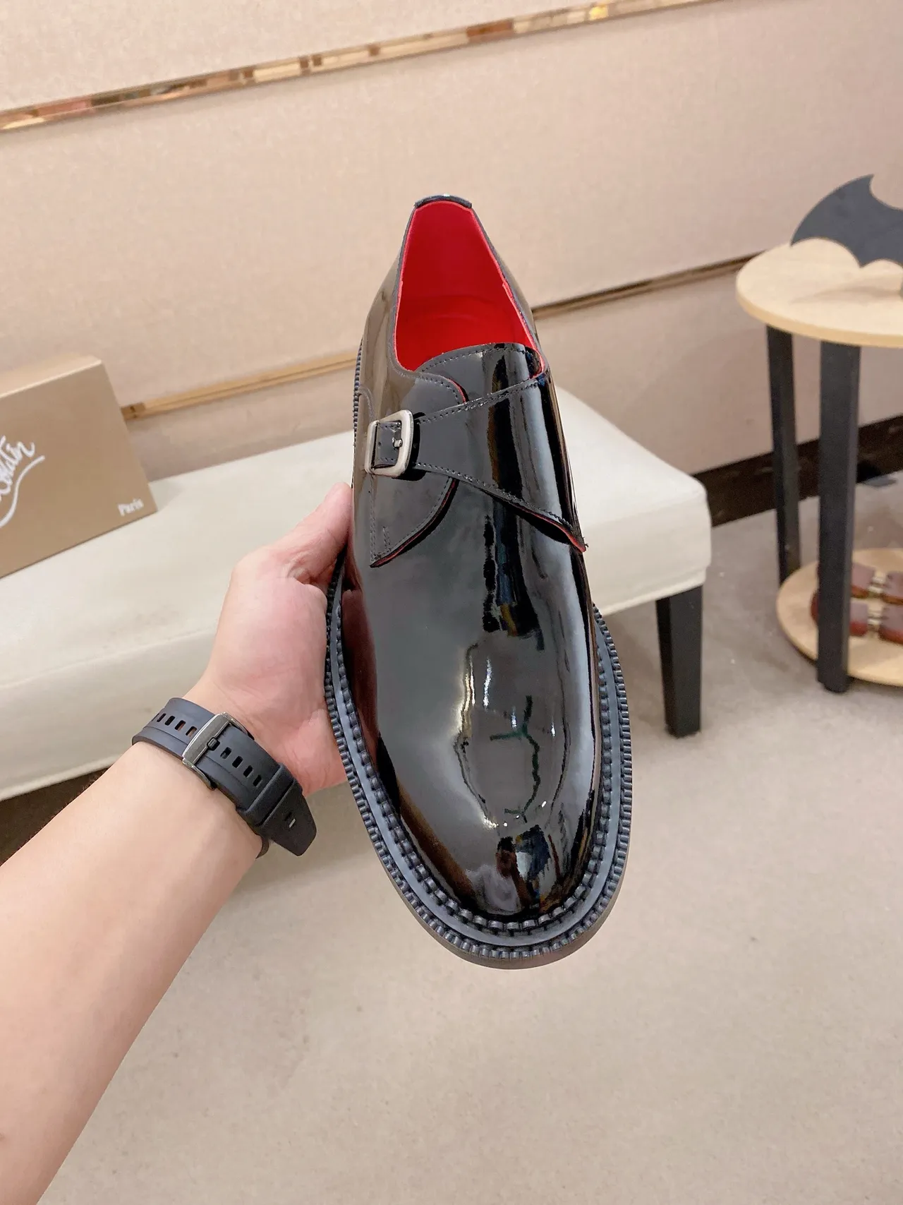Christian Louboutin Black Red Patent Leather Single Strap Monk Shoes