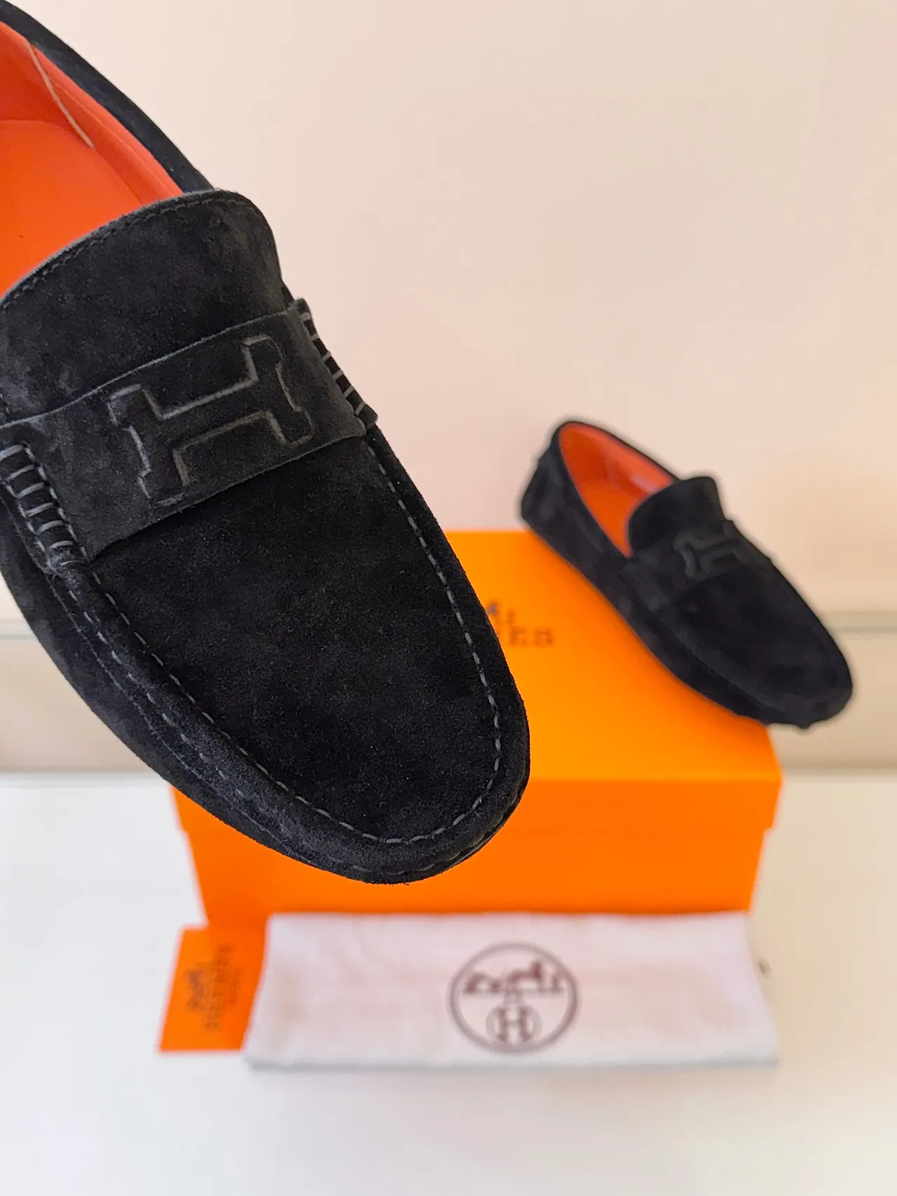 Hermès Oran Black Orange Suede Upper H-Logo Strap Loafer