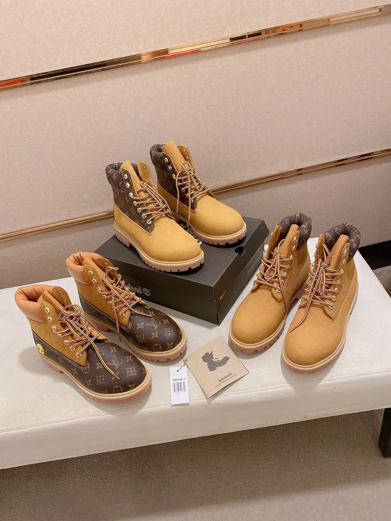 Timberland Beige Pink Monogrammed Textile Upper Padded Collar Work Boots