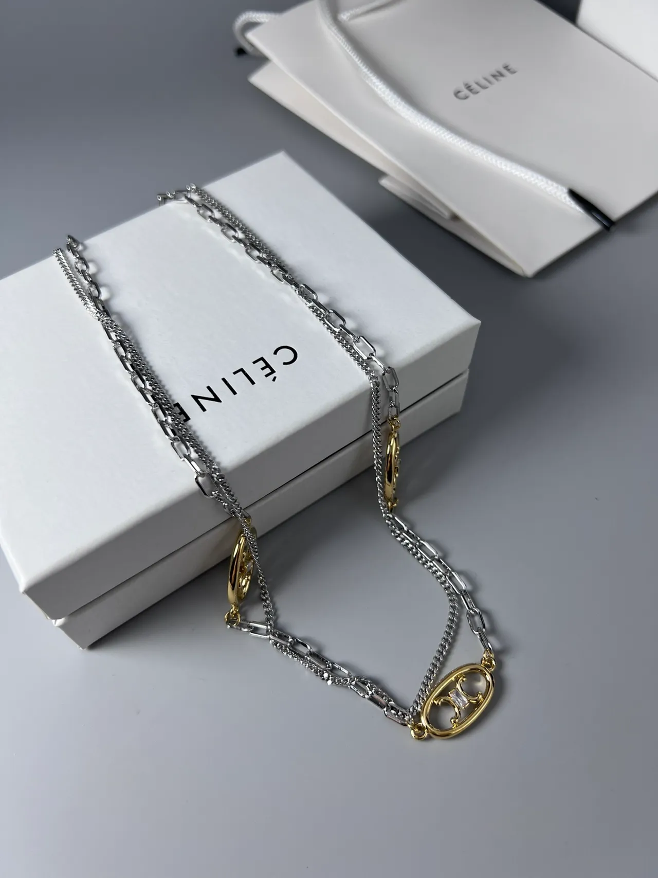 Celine Triomphe Silver Gold Double-Layer Chain Oval Logo Charms Necklace