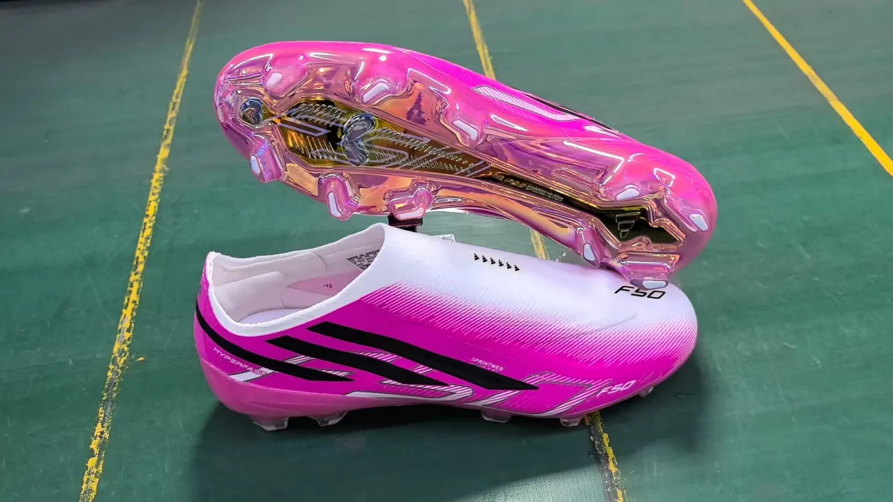 Adidas F50 Pink Black Low-Cut Sock-Fit Upper Iridescent Translucent Soleplate Indoor Soccer Shoes