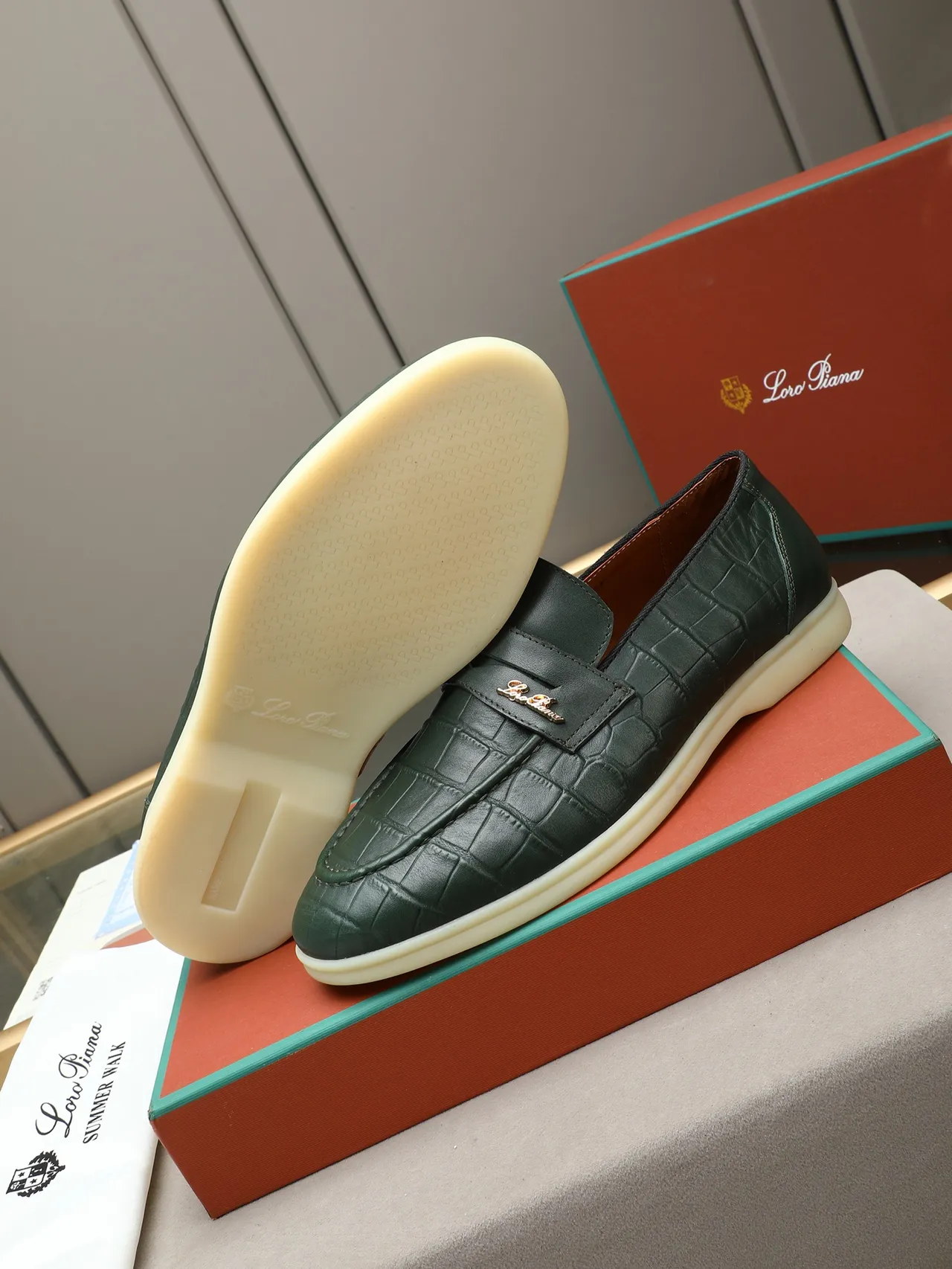 Green Beige Croc-Embossed Leather Metal Logo Plaque Strap Loafer