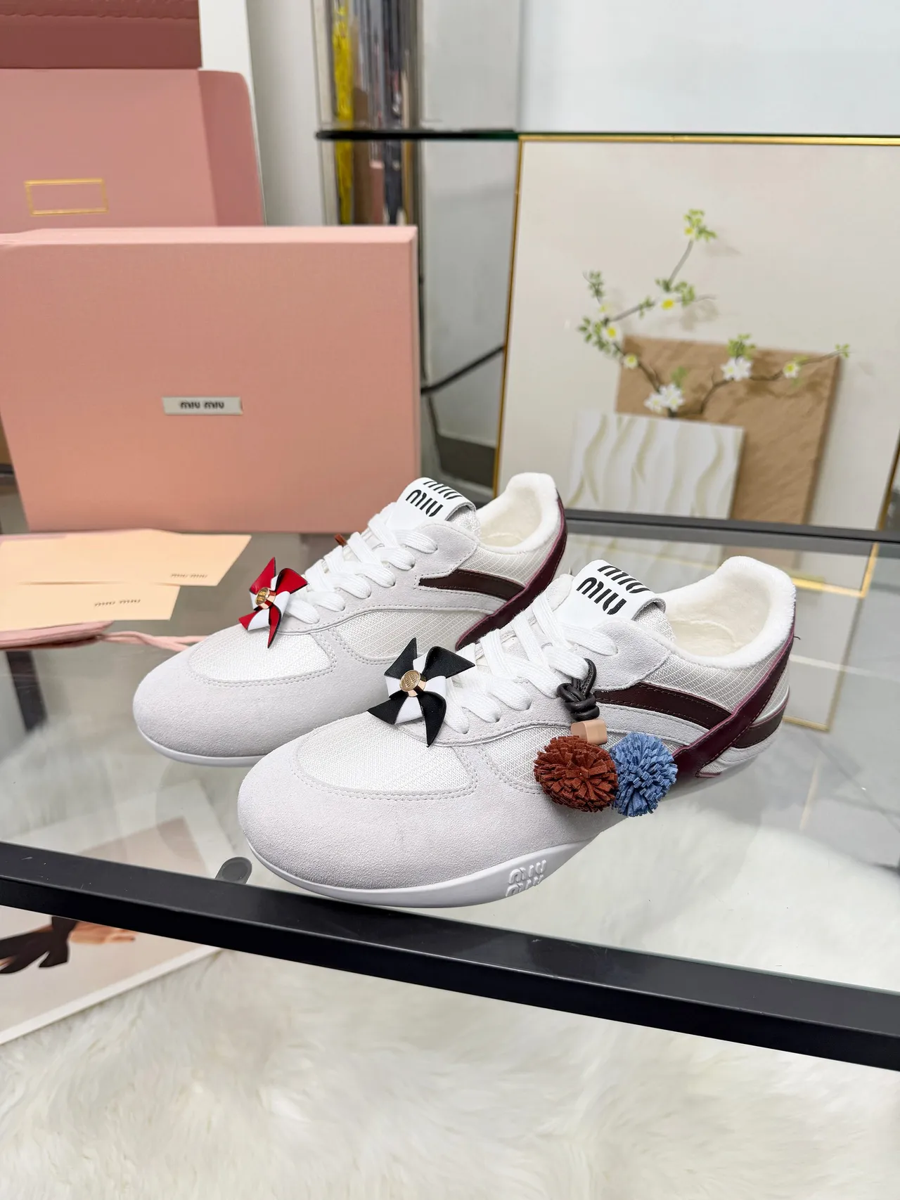 Miu Miu White Burgundy Suede And Mesh Upper Leather Side Stripe Lifestyle Sneakers