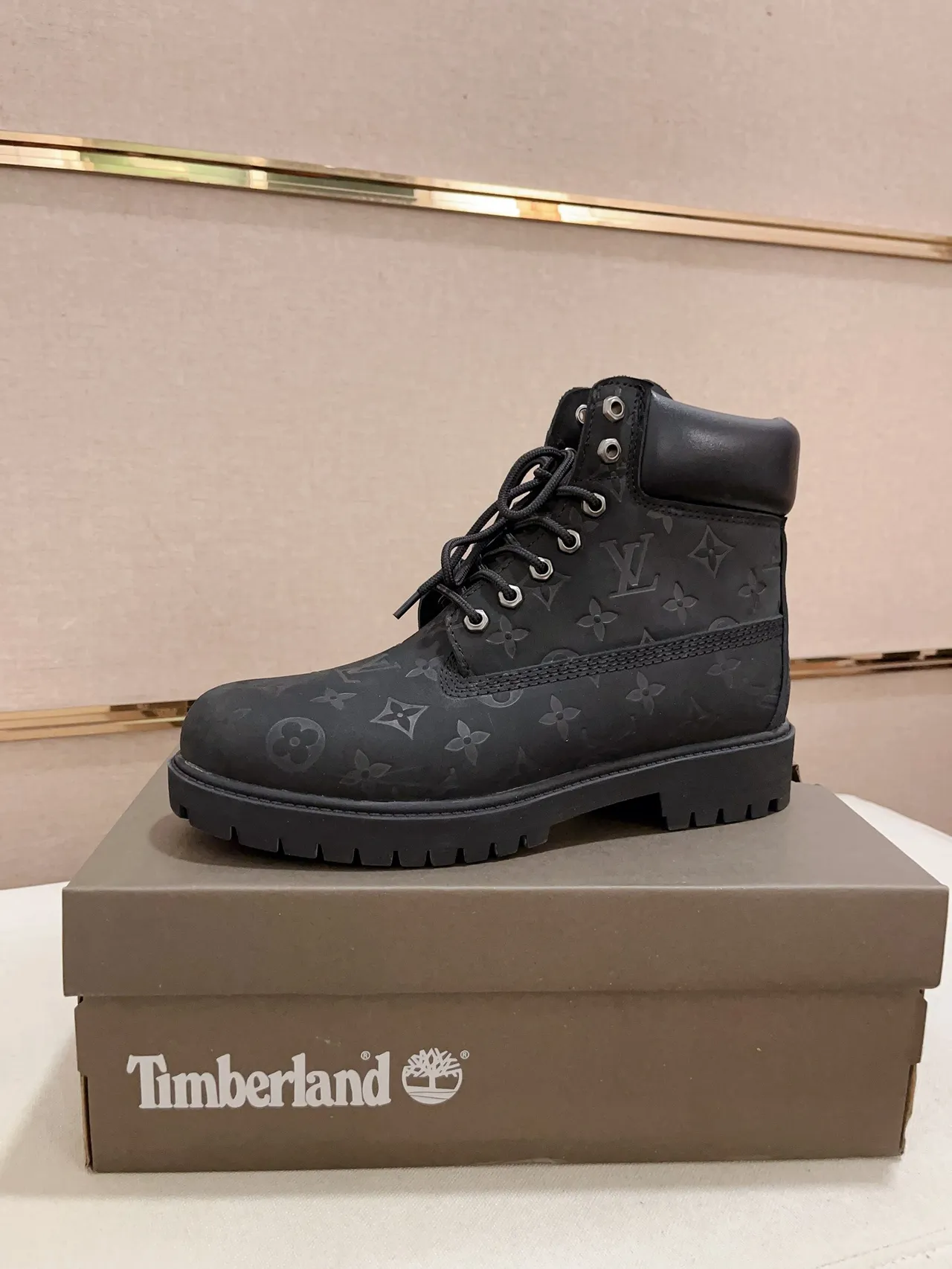 Timberland Black Monogrammed Leather Rugged Lug Sole Work Boots