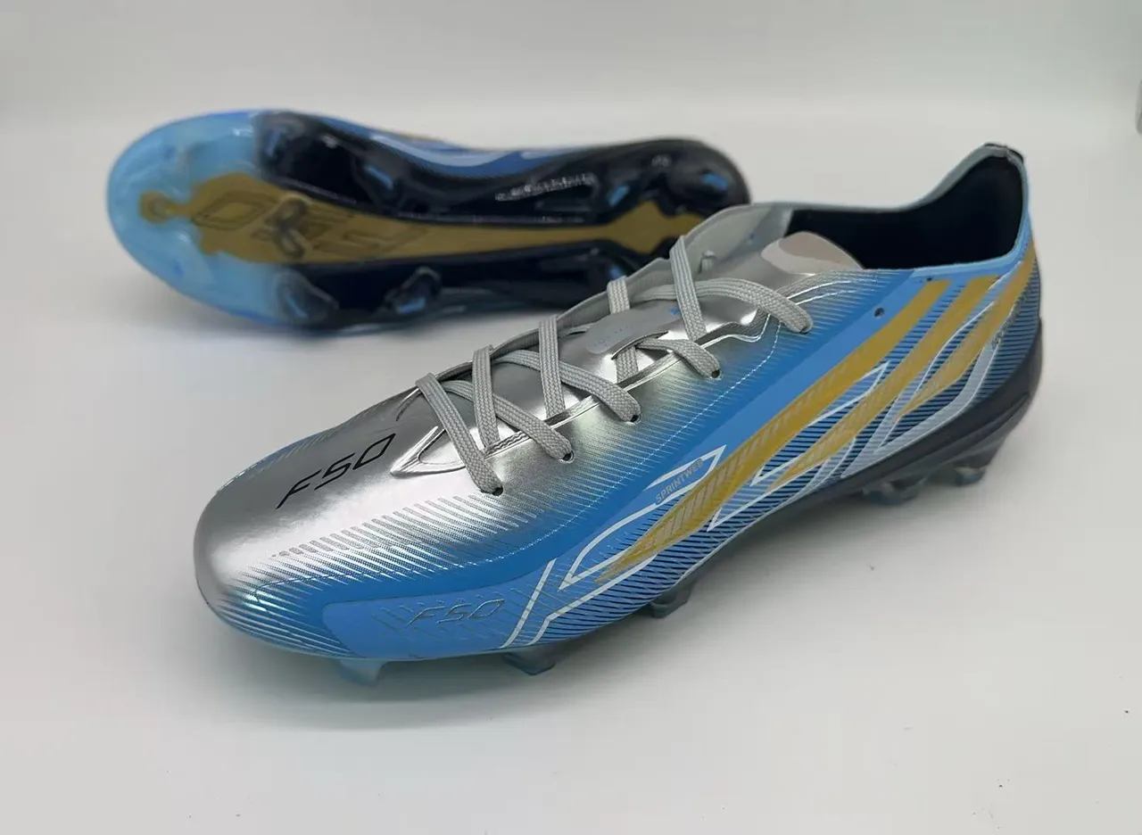 Adidas F50 Metallic Silver Blue Gold Firm-Ground Soccer Shoes