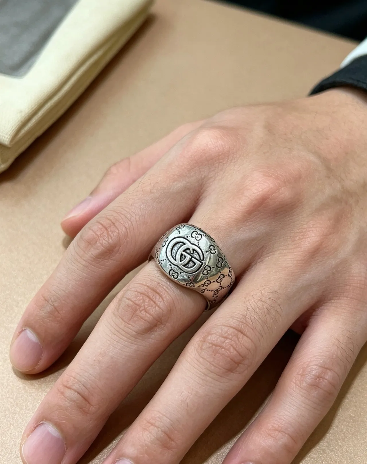 Gucci GG Monogram Ring Silver Black Polished Enamel Ring