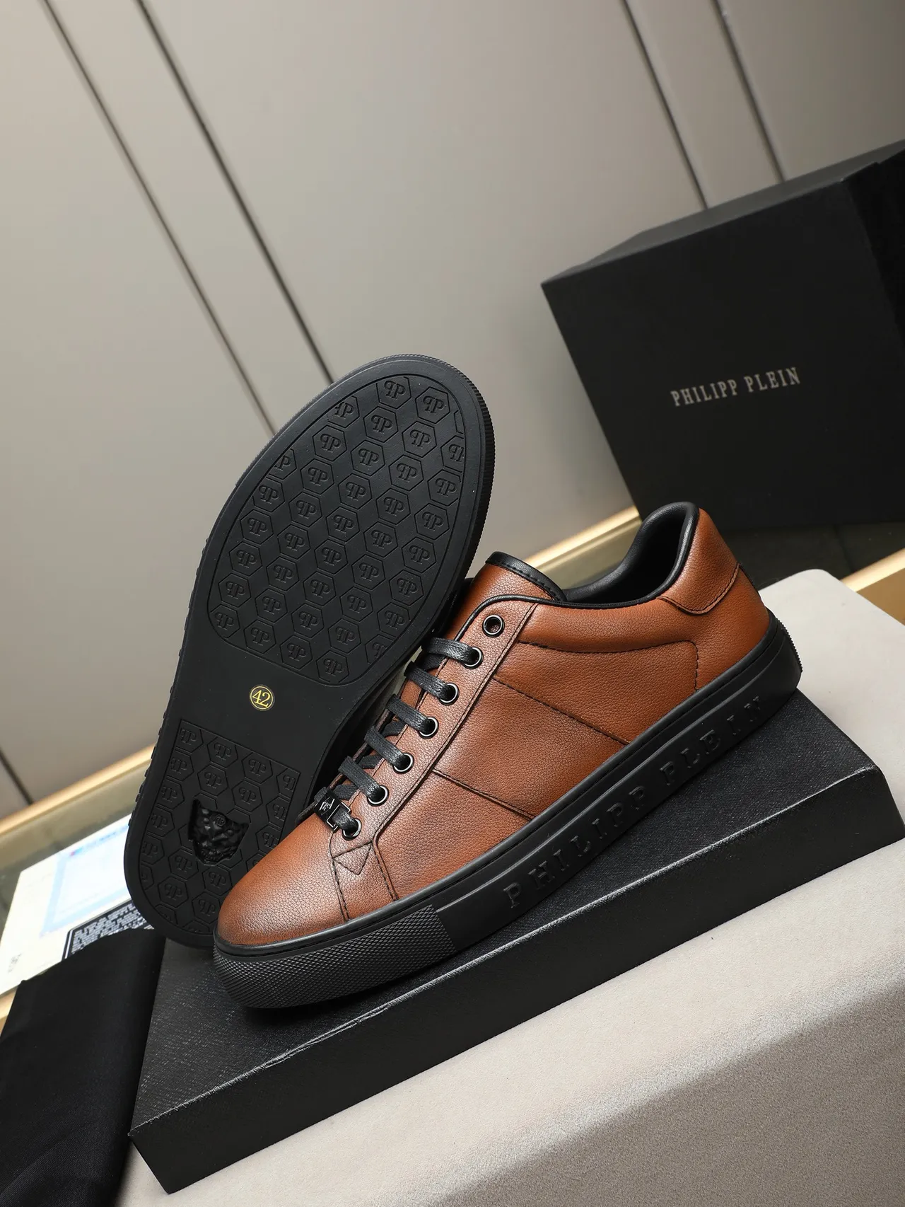 Philipp Plein Brown Leather Low-Top Sneaker