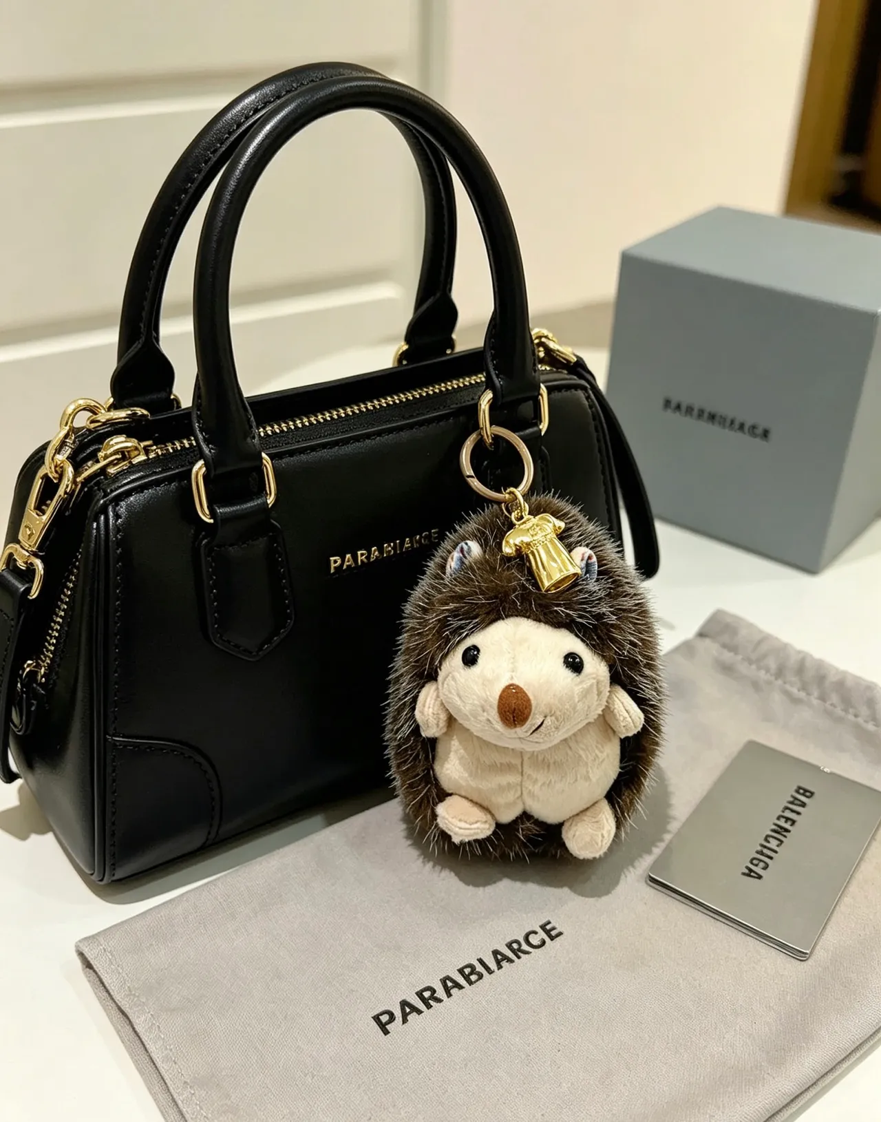 Balenciaga Brown Gold Plush Hedgehog Faux Fur Crossbody Bag