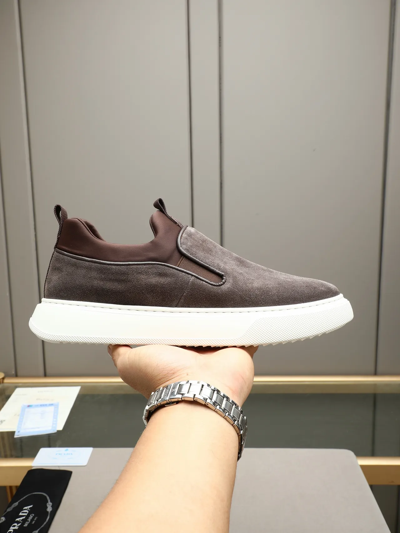 Prada Slip-On Suede Brown White Platform Lifestyle Sneakers