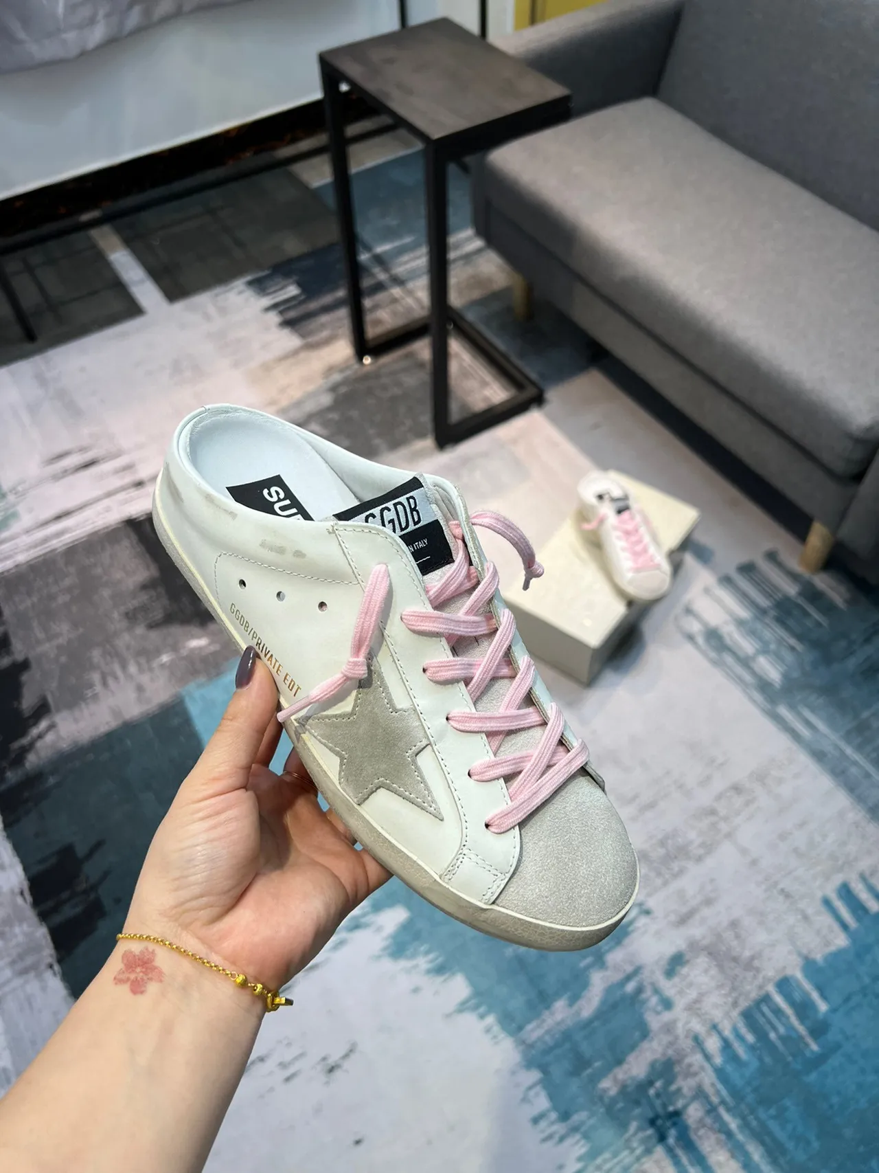 Golden Goose Super-Star Mule White Pink Distressed Leather Laces Lifestyle Sneakers