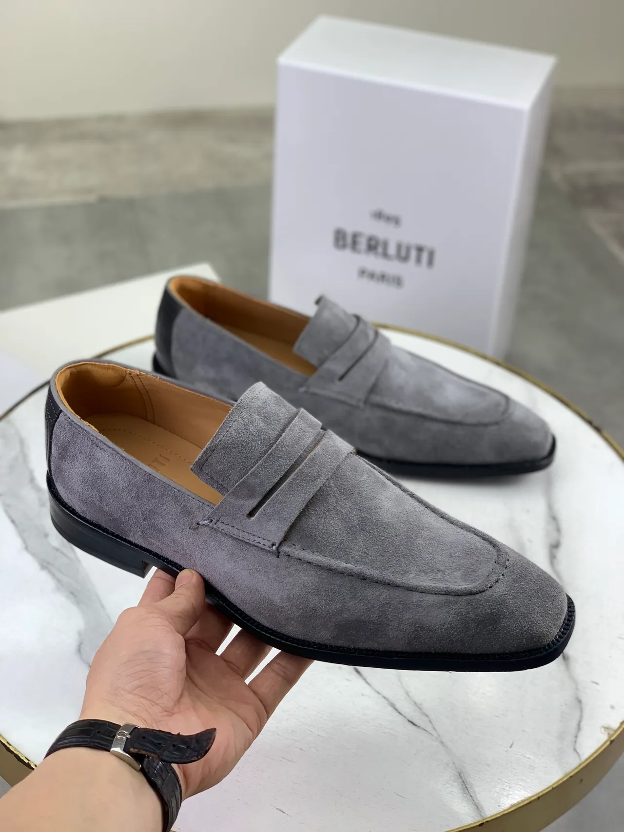 Berluti Gray Suede Penny Strap Loafers