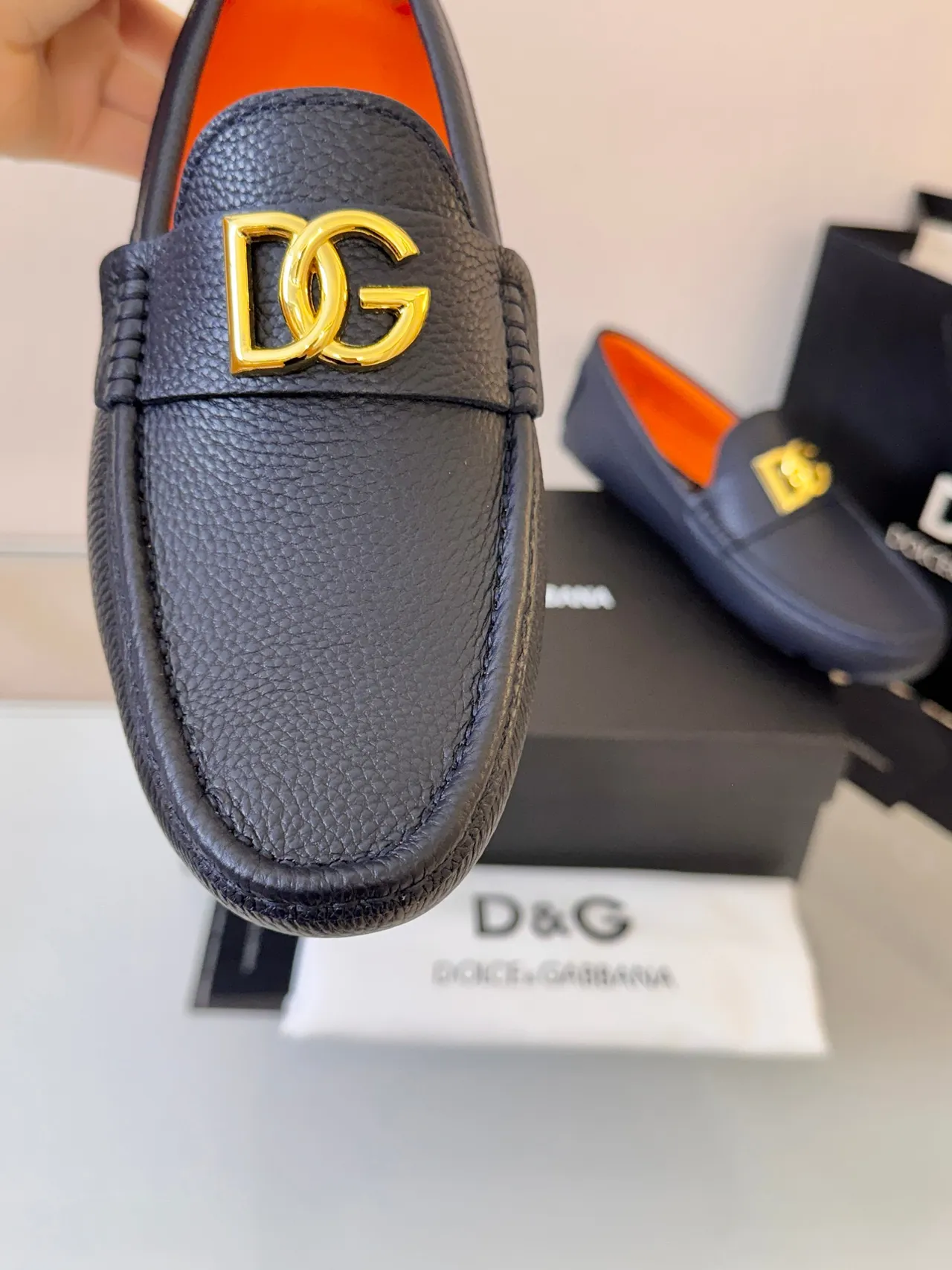 Dolce & Gabbana Portofino Navy Orange Pebbled Leather Gold DG Buckle Loafer