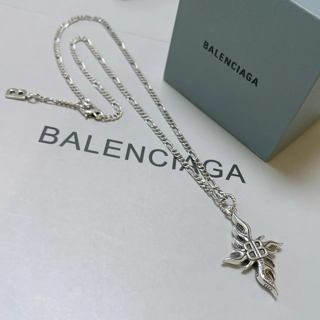 Balenciaga Flame BB Pendant Silver Chain Necklace