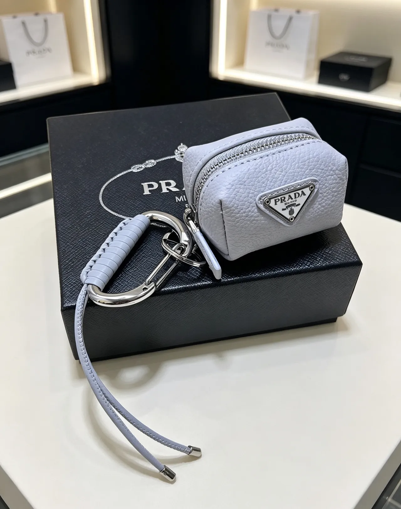 Prada Gray Silver Pebbled Leather Cylindrical Pouch Crossbody Bag