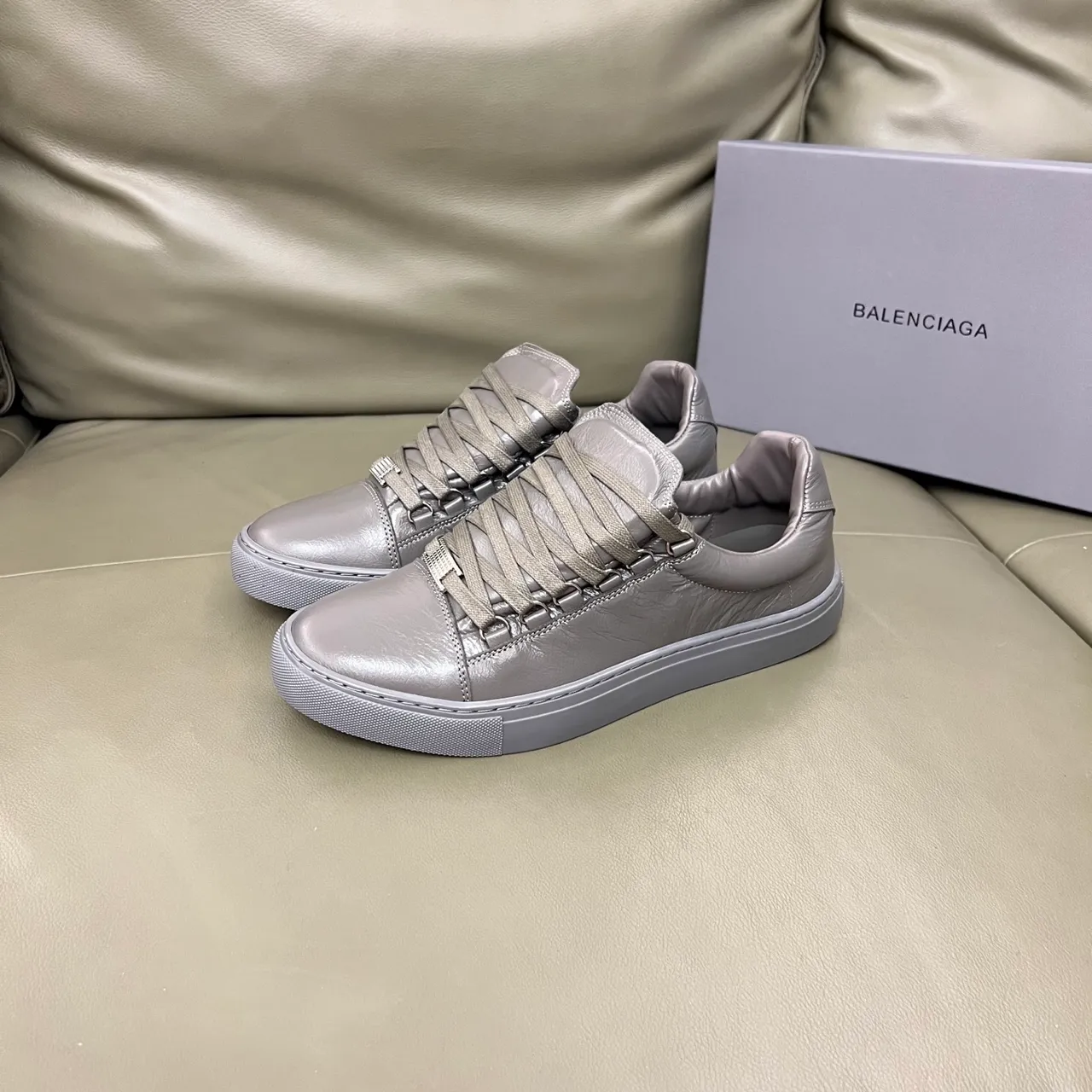 Balenciaga Silver Gray Metallic Leather Wide Flat Laces Lifestyle Sneakers