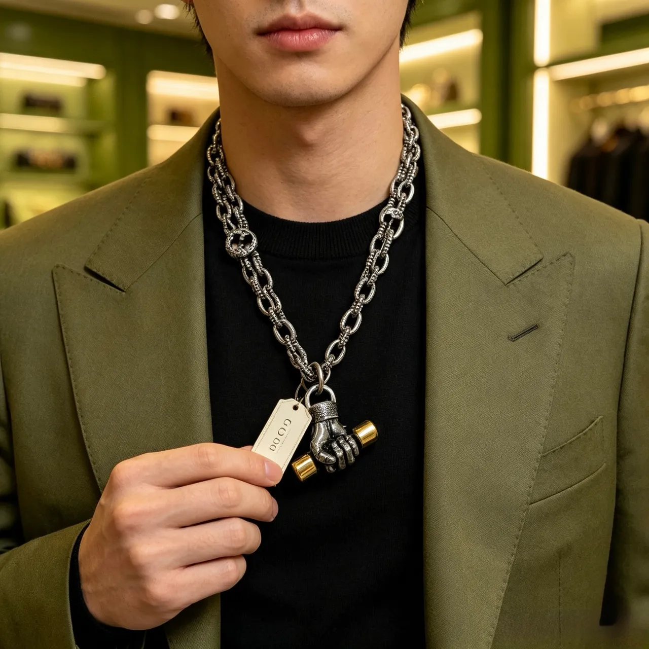 Gucci Fist Pendant Silver Gold Oxidized Chain Sculpted Necklace