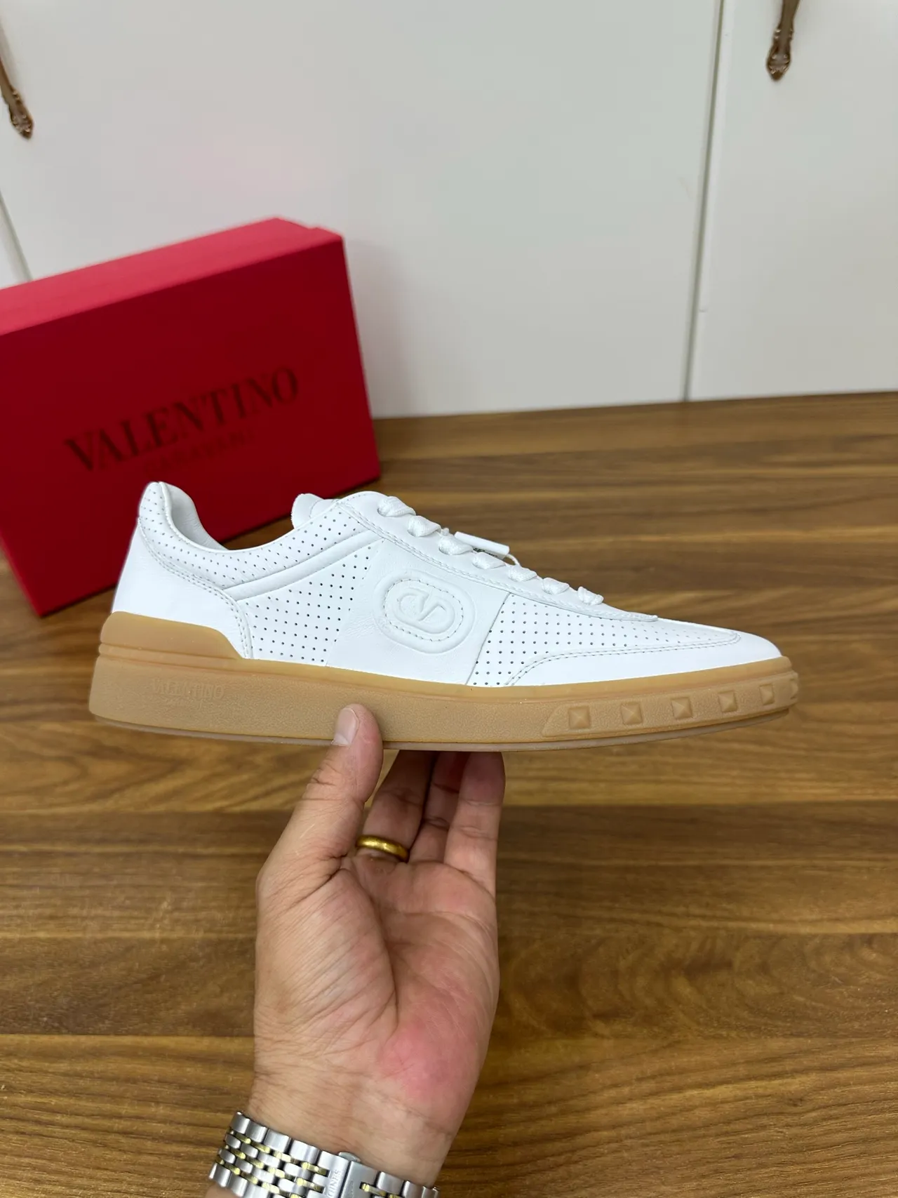 Valentino Rockstud Perforated Leather White and Gum Lifestyle Sneakers