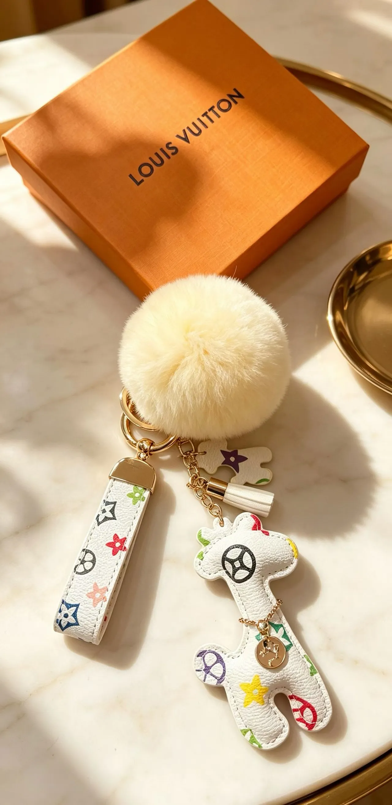 Louis Vuitton Multicolor Beige Monogram Leather Cream Faux-Fur Pom-Pom Phone Accessory