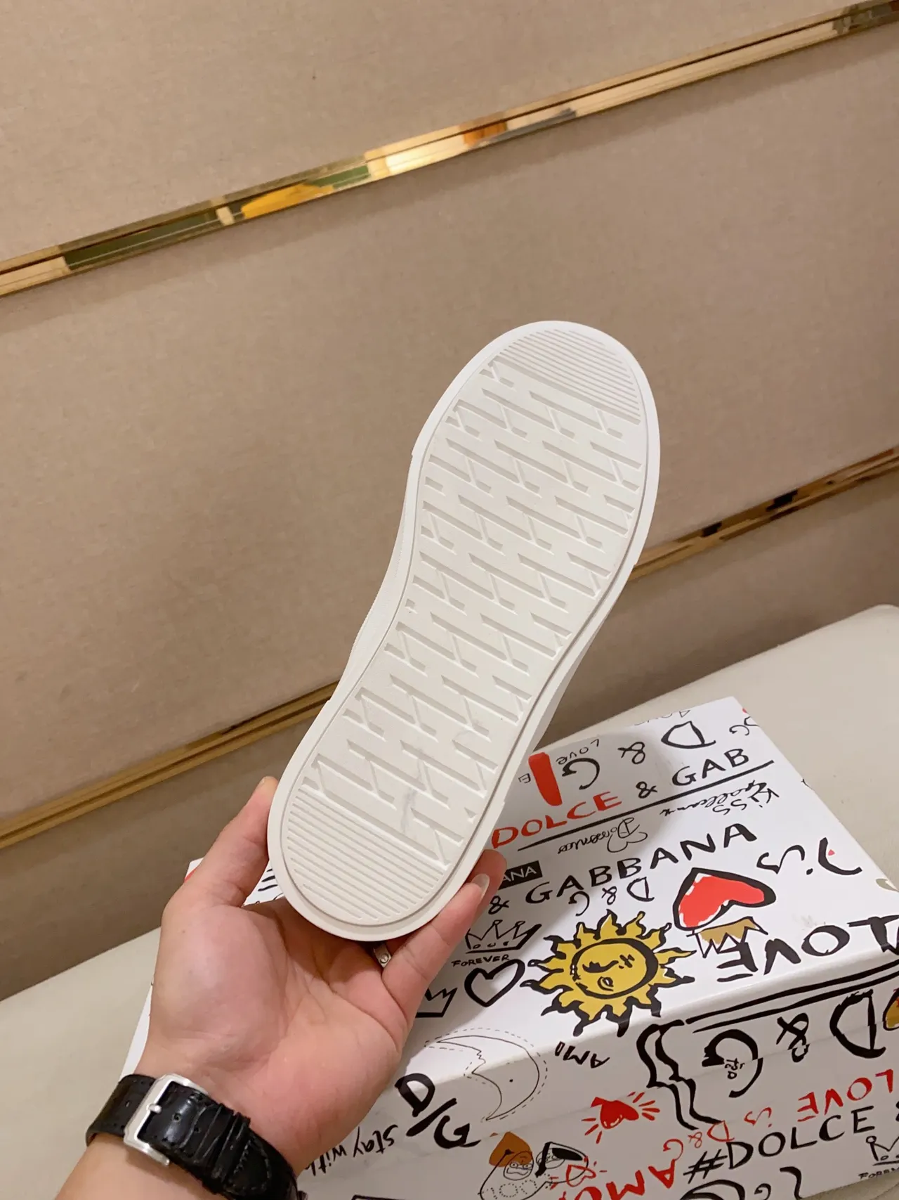 Dolce & Gabbana Portofino Black Gold Slip-On Suede Upper Lifestyle Sneakers
