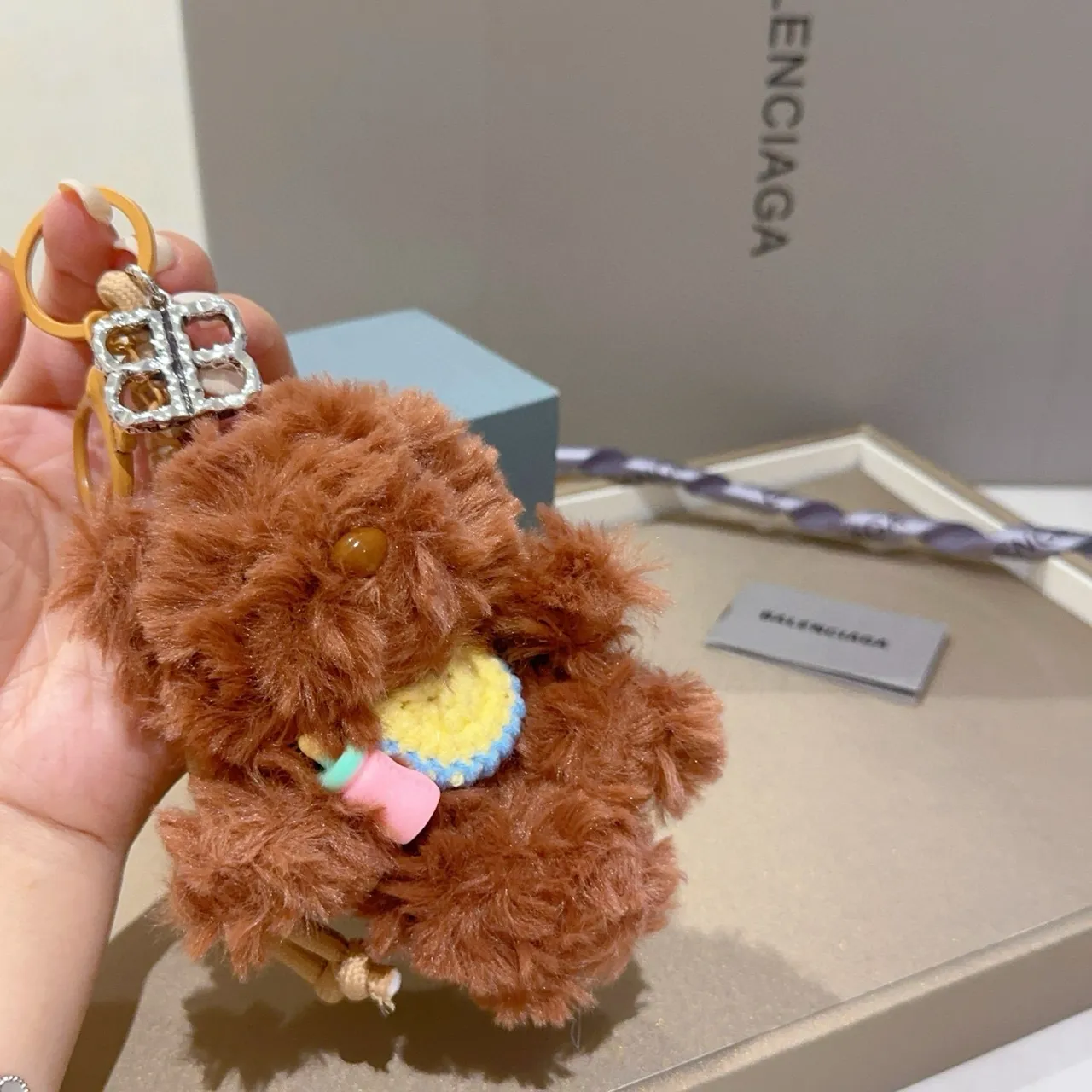 Balenciaga Brown Beige Plush Teddy Bear Knitted Bib Crossbody Bag