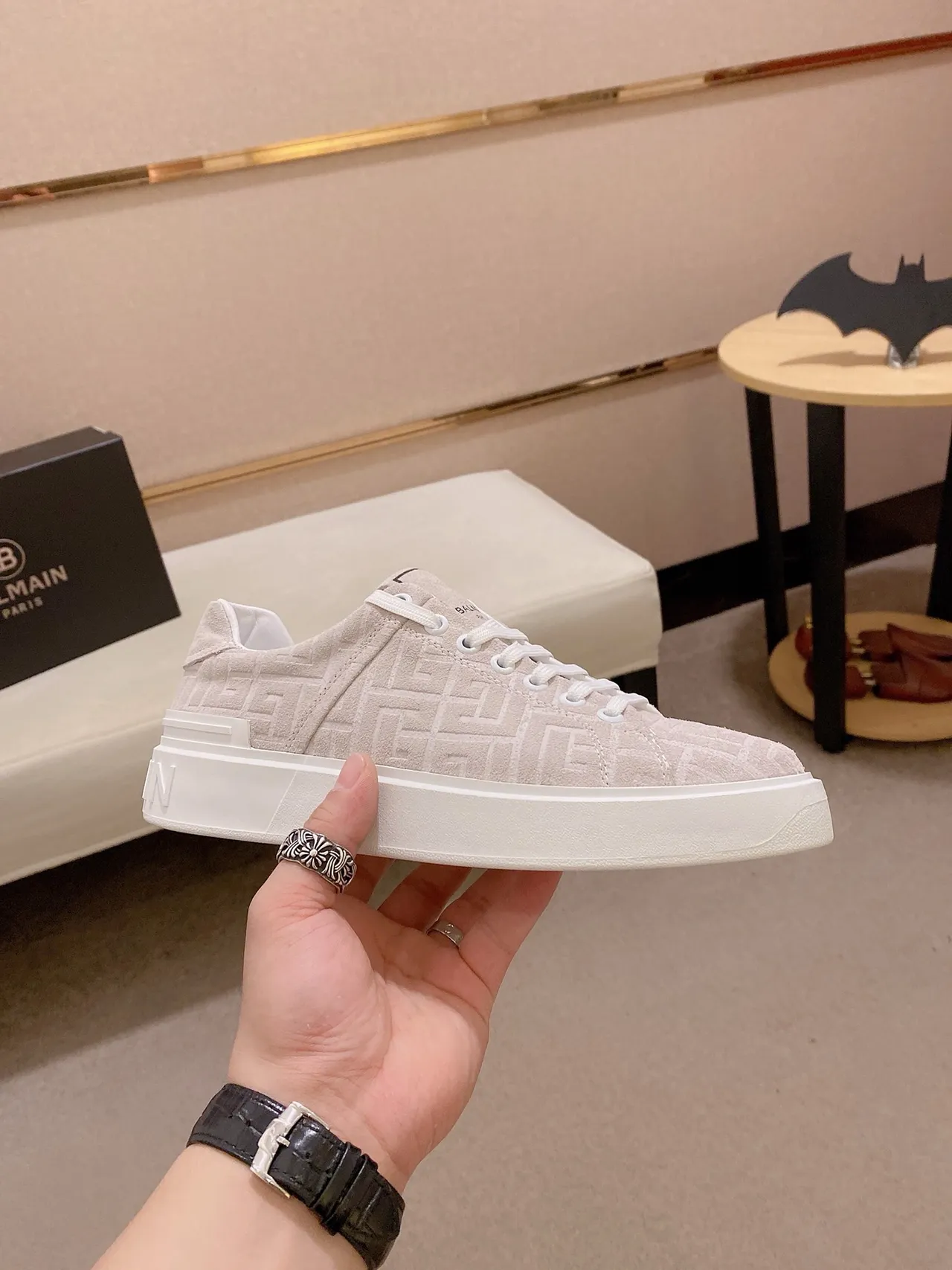 Balenciaga Beige White Monogrammed Suede Upper Chunky Platform Sole Lifestyle Sneakers
