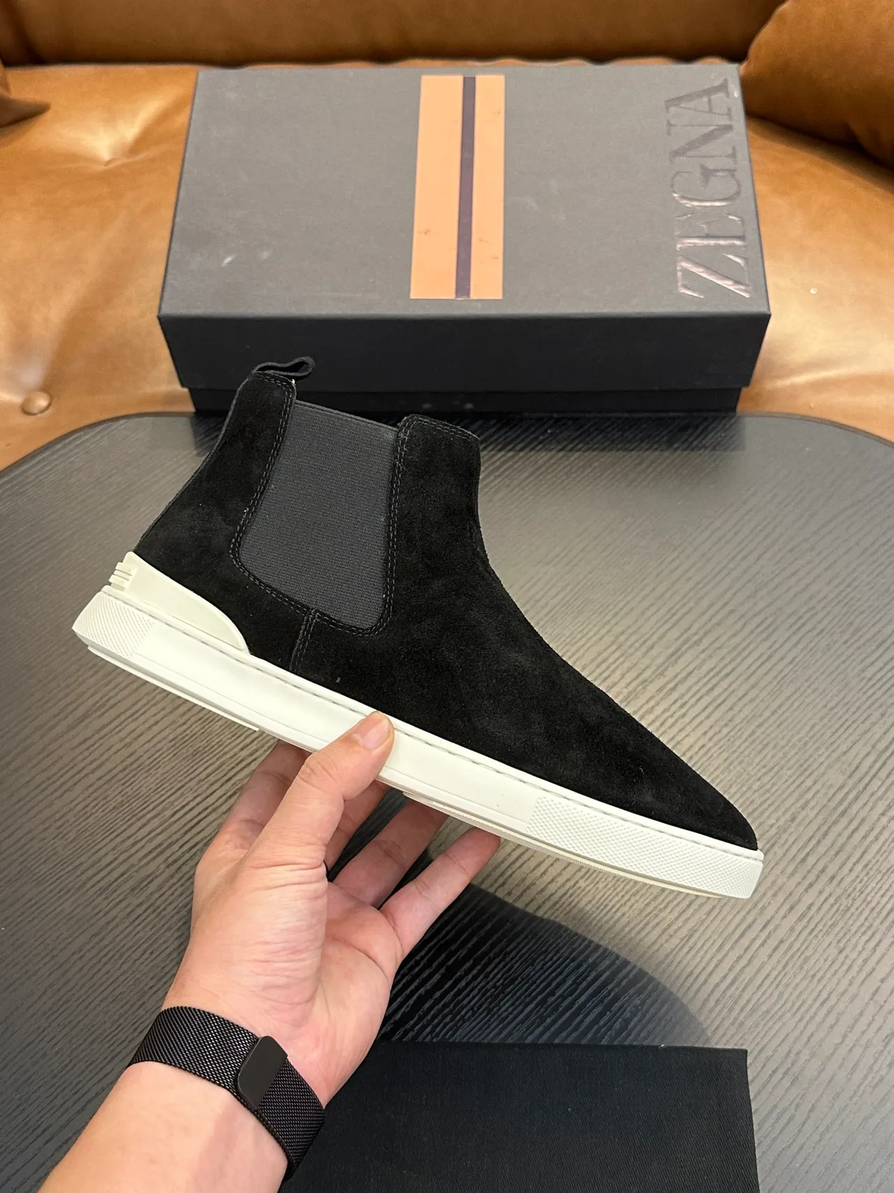 Zegna Black White Suede Upper Elastic Side Gussets Chelsea Boots