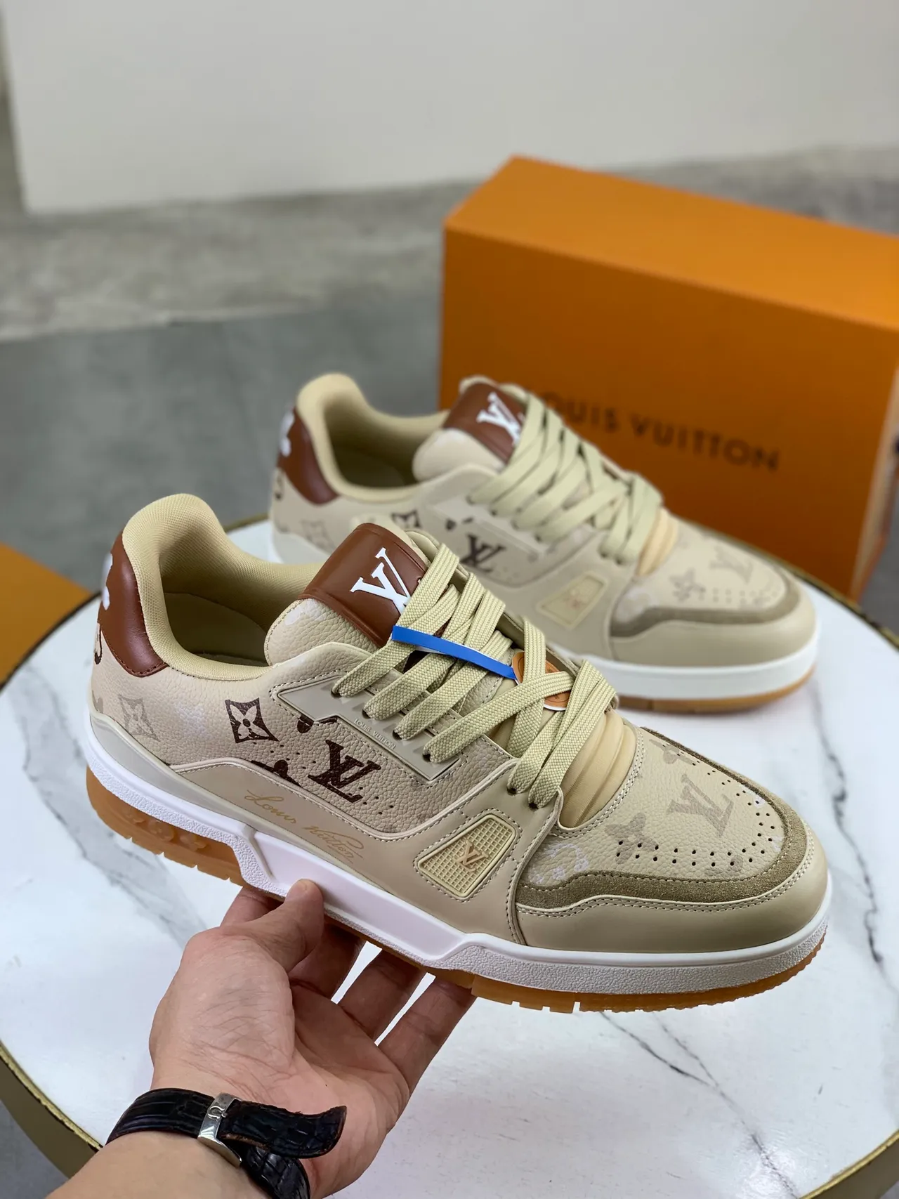 Louis Vuitton LV Trainer Beige Brown Monogram Canvas Leather Overlays Lifestyle Sneakers